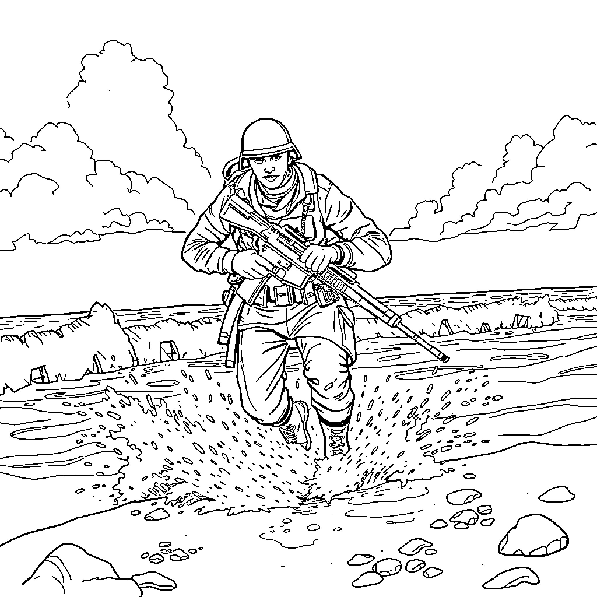 Soldier standing alert in the field Coloring Page (free black-and-white line drawing printable PDF for all, from beginners to advanced learners, including children, teens, adults, and seniors)