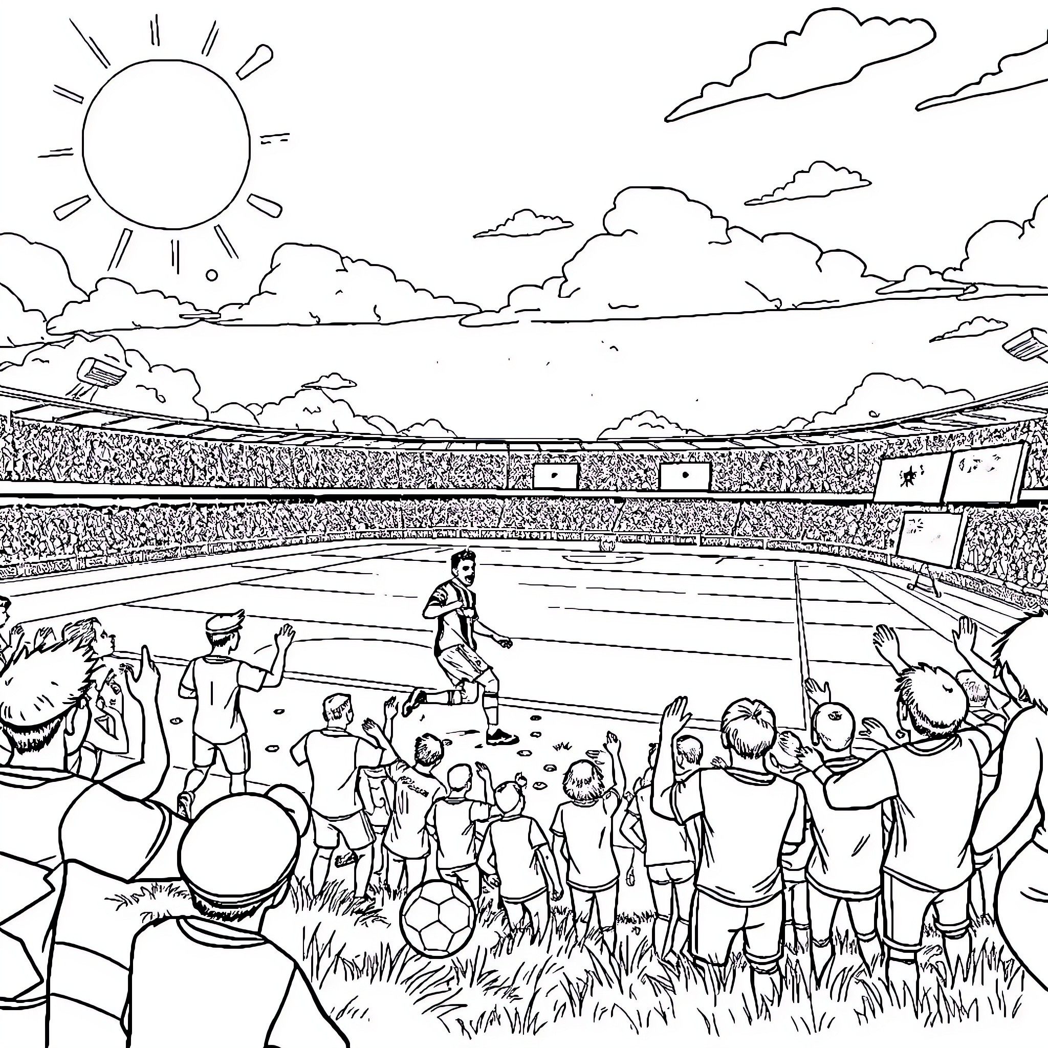 Messi shining on the football pitch with cheering fans Coloring Page (free black-and-white line drawing printable PDF for all, from beginners to advanced learners, including children, teens, adults, and seniors)