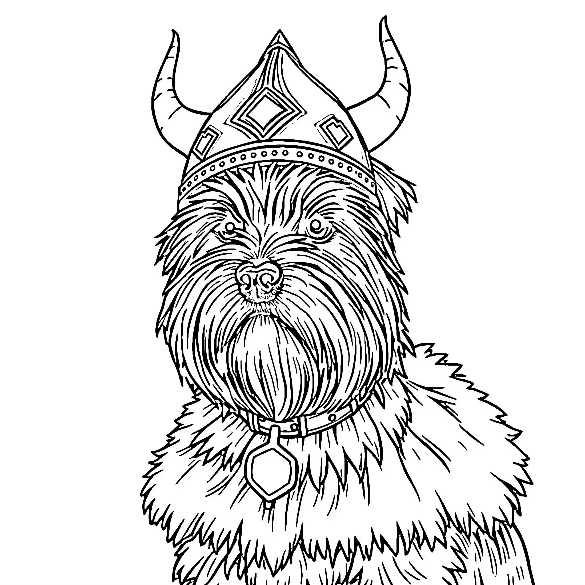 Silky Terrier wearing a Viking helmet Coloring Page (free black-and-white line drawing printable PDF for all, from beginners to advanced learners, including children, teens, adults, and seniors)