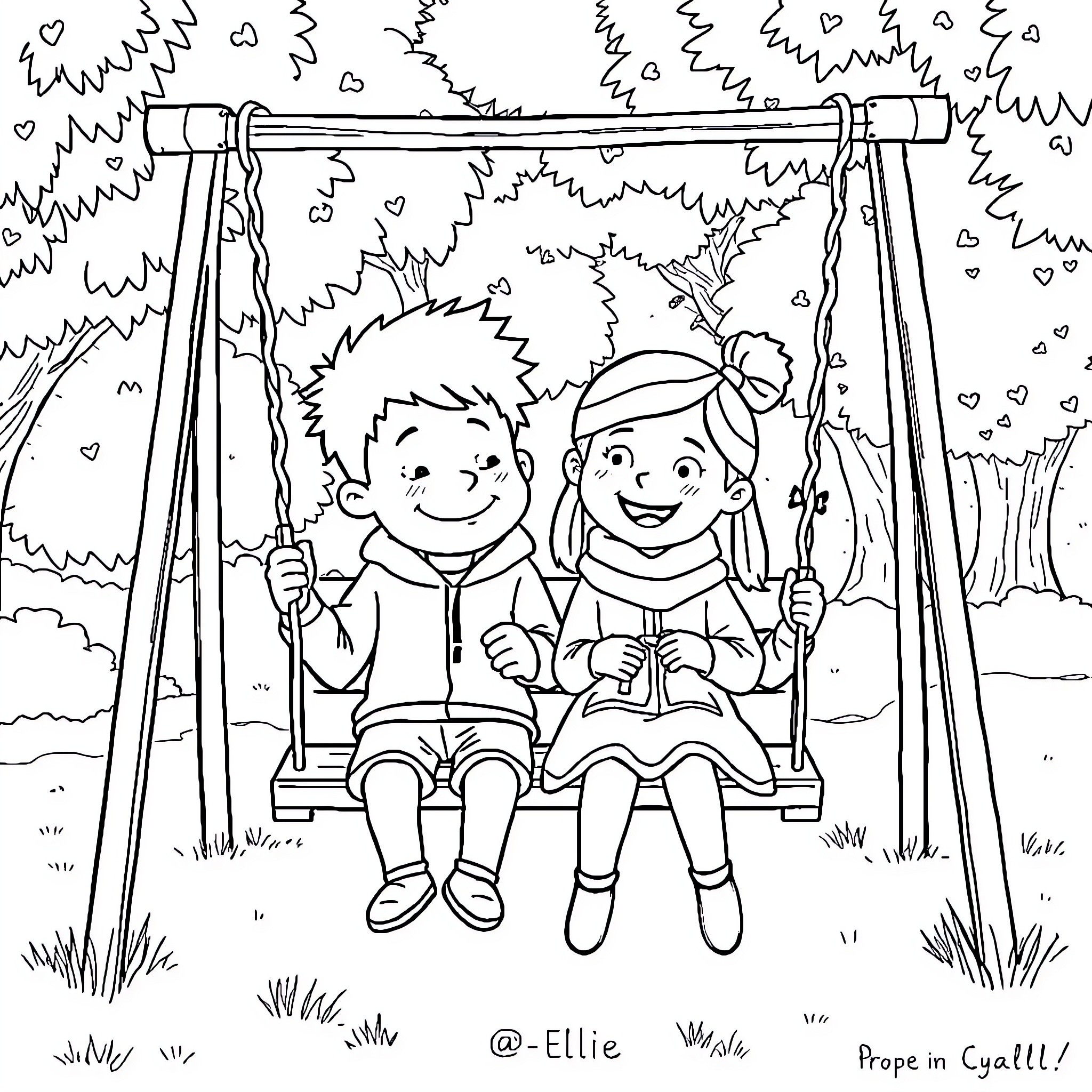 Carl and Ellie enjoying a swing in the park Coloring Page (free black-and-white line drawing printable PDF for all, from beginners to advanced learners, including children, teens, adults, and seniors)