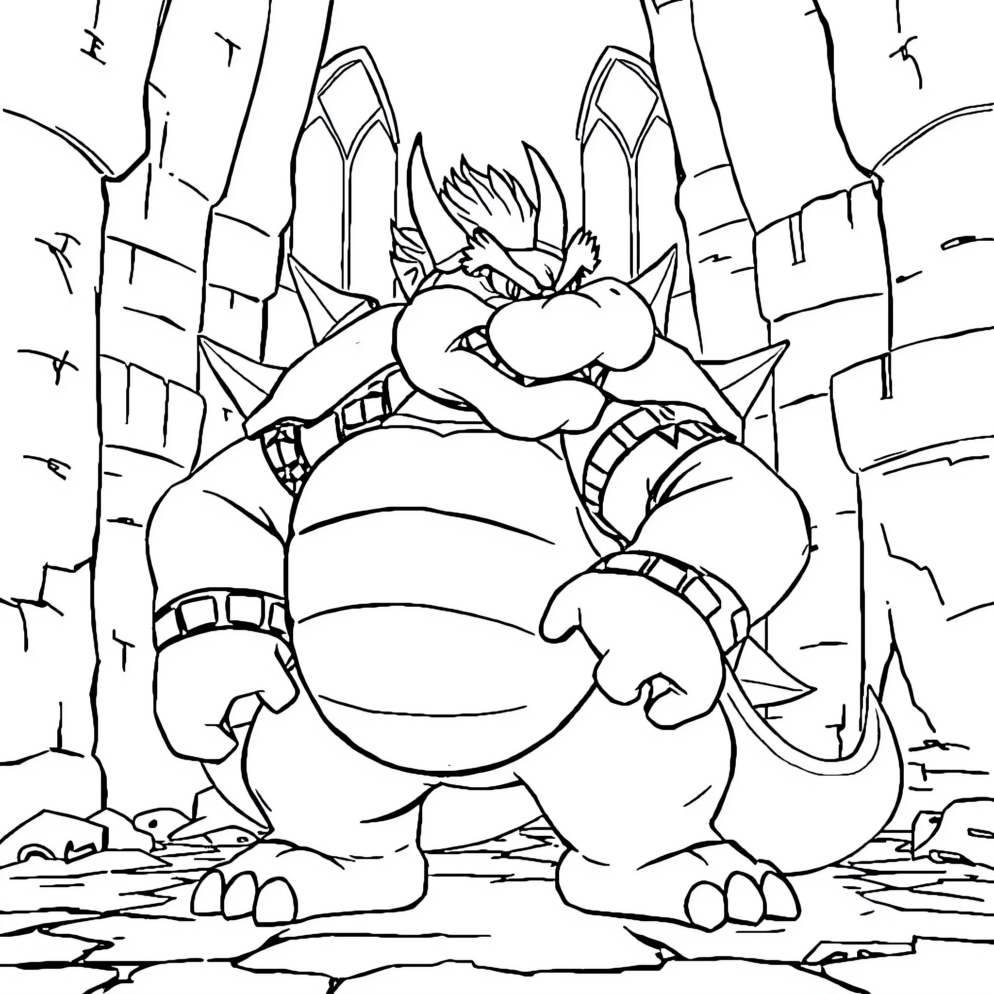 Bowser Stomping Through Ruins Coloring Page (free black-and-white line drawing printable PDF for all, from beginners to advanced learners, including children, teens, adults, and seniors)