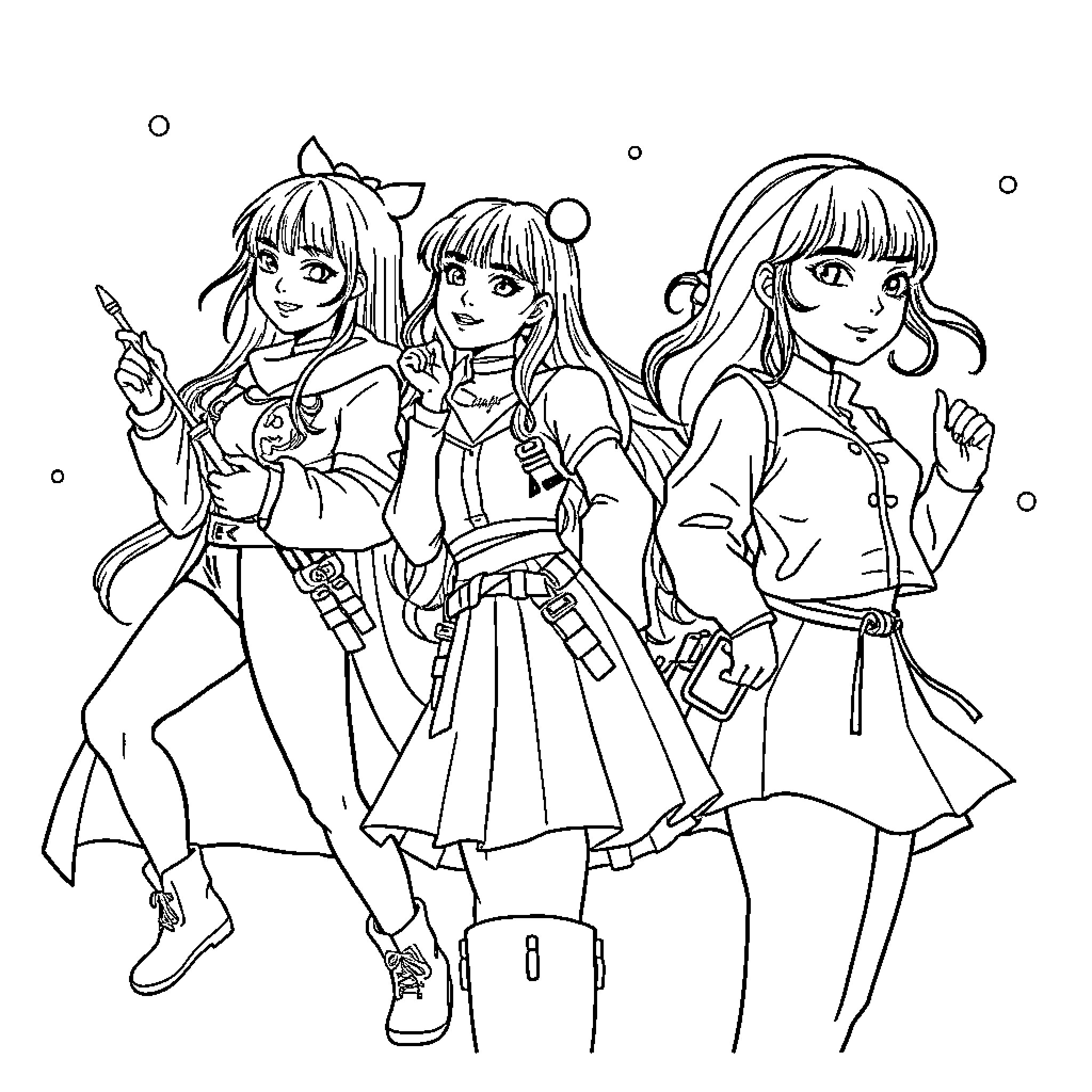 Guerrera trio of fierce and stylish warriors Coloring Page (free black-and-white line drawing printable PDF for all, from beginners to advanced learners, including children, teens, adults, and seniors)