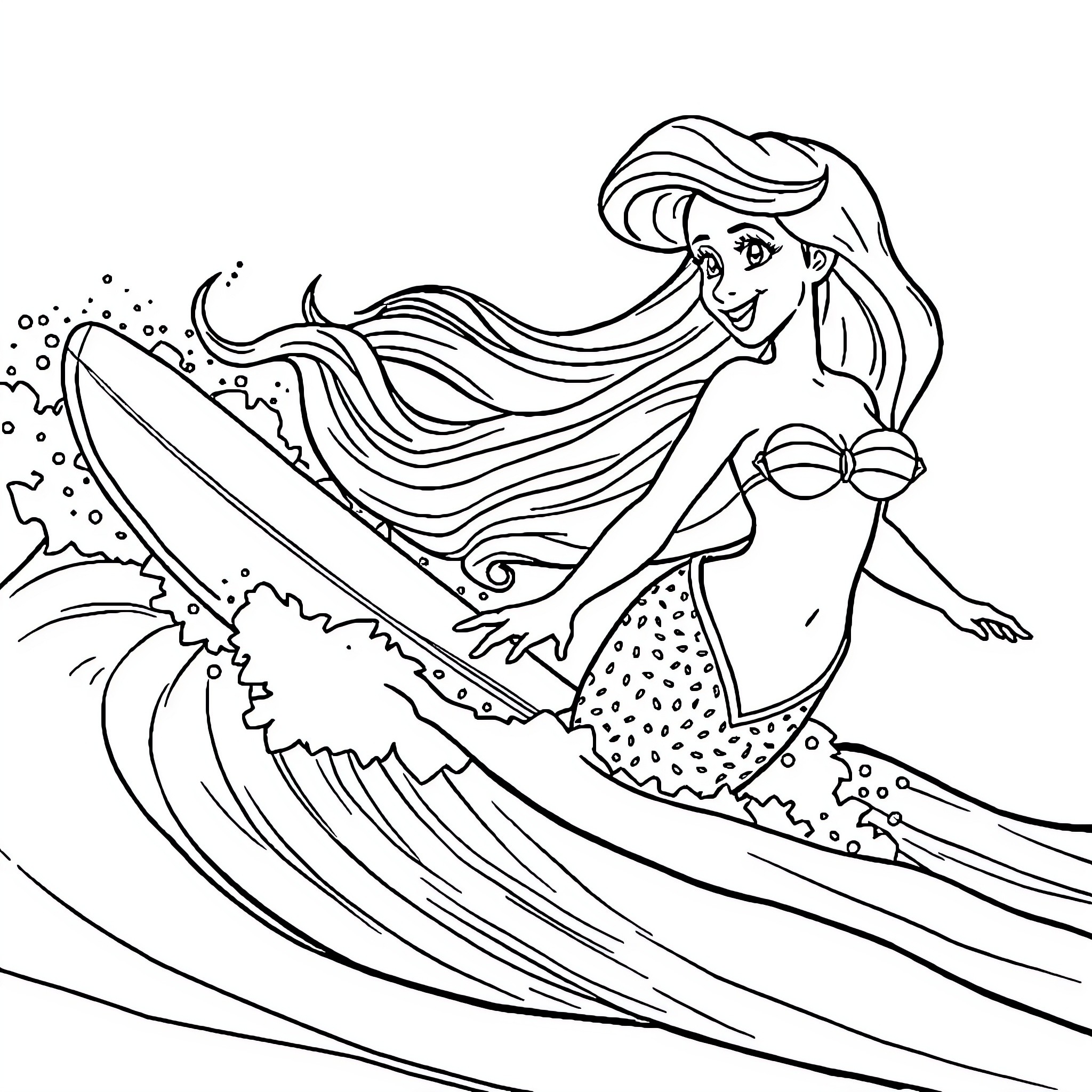 Ariel Surfing the Waves Coloring Page (free black-and-white line drawing printable PDF for all, from beginners to advanced learners, including children, teens, adults, and seniors)