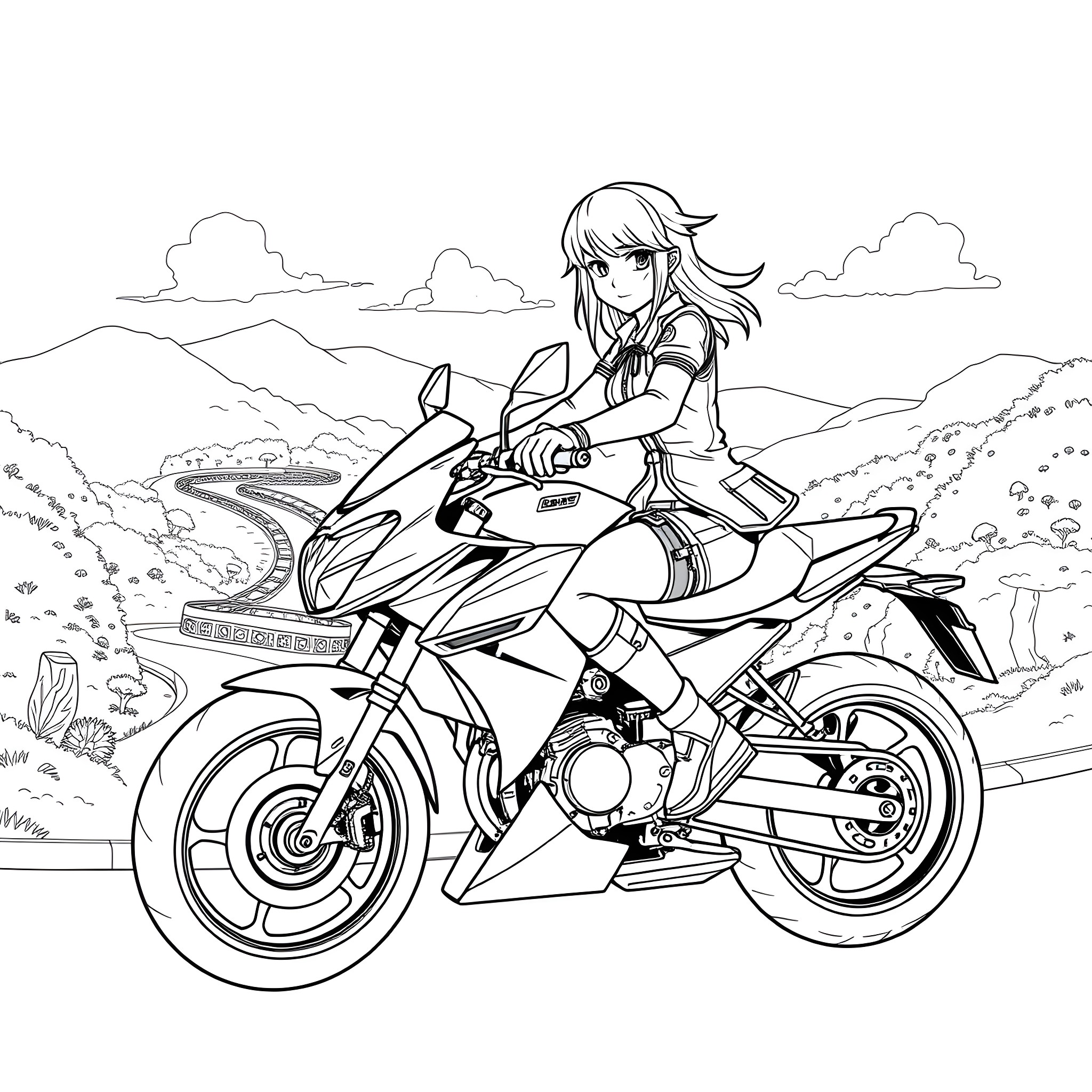 Hinata riding her motorcycle through the countryside Coloring Page (free black-and-white line drawing printable PDF for all, from beginners to advanced learners, including children, teens, adults, and seniors)