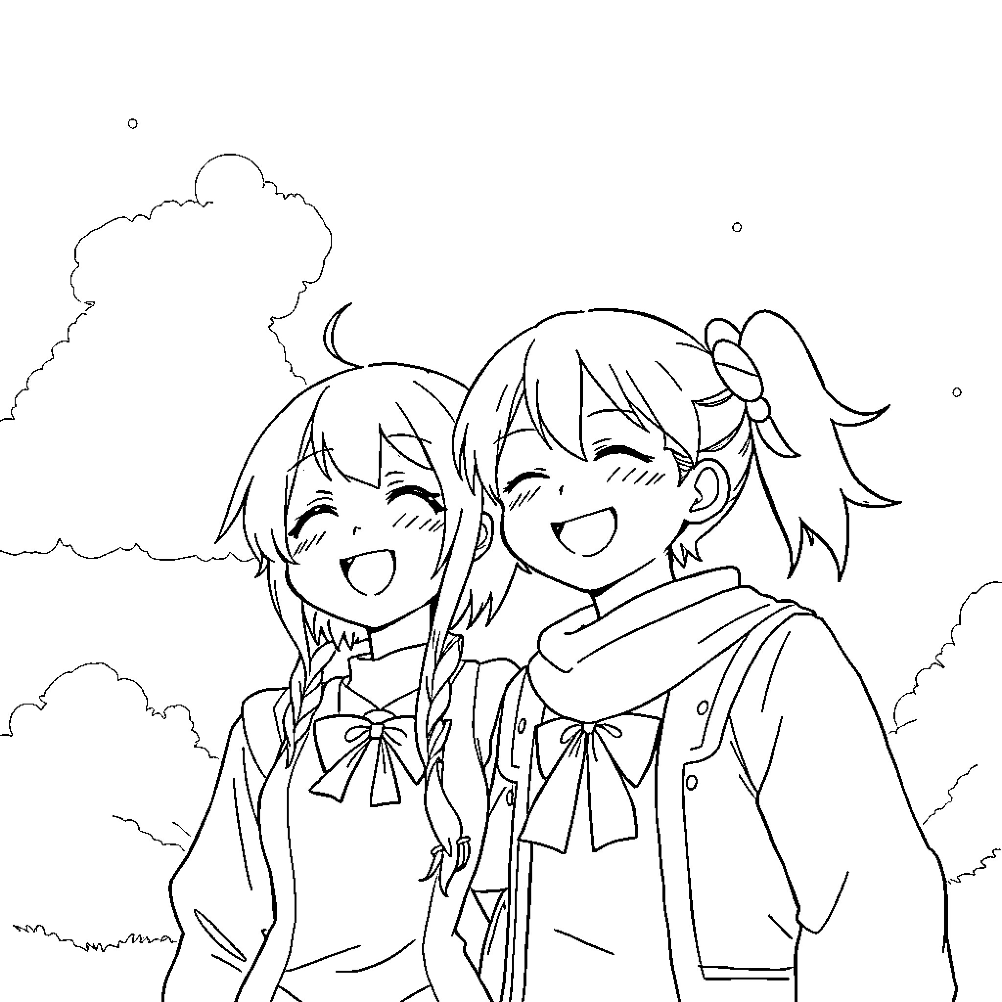 Kaoruko and Rintaru enjoying the outdoors together Coloring Page (free black-and-white line drawing printable PDF for all, from beginners to advanced learners, including children, teens, adults, and seniors)