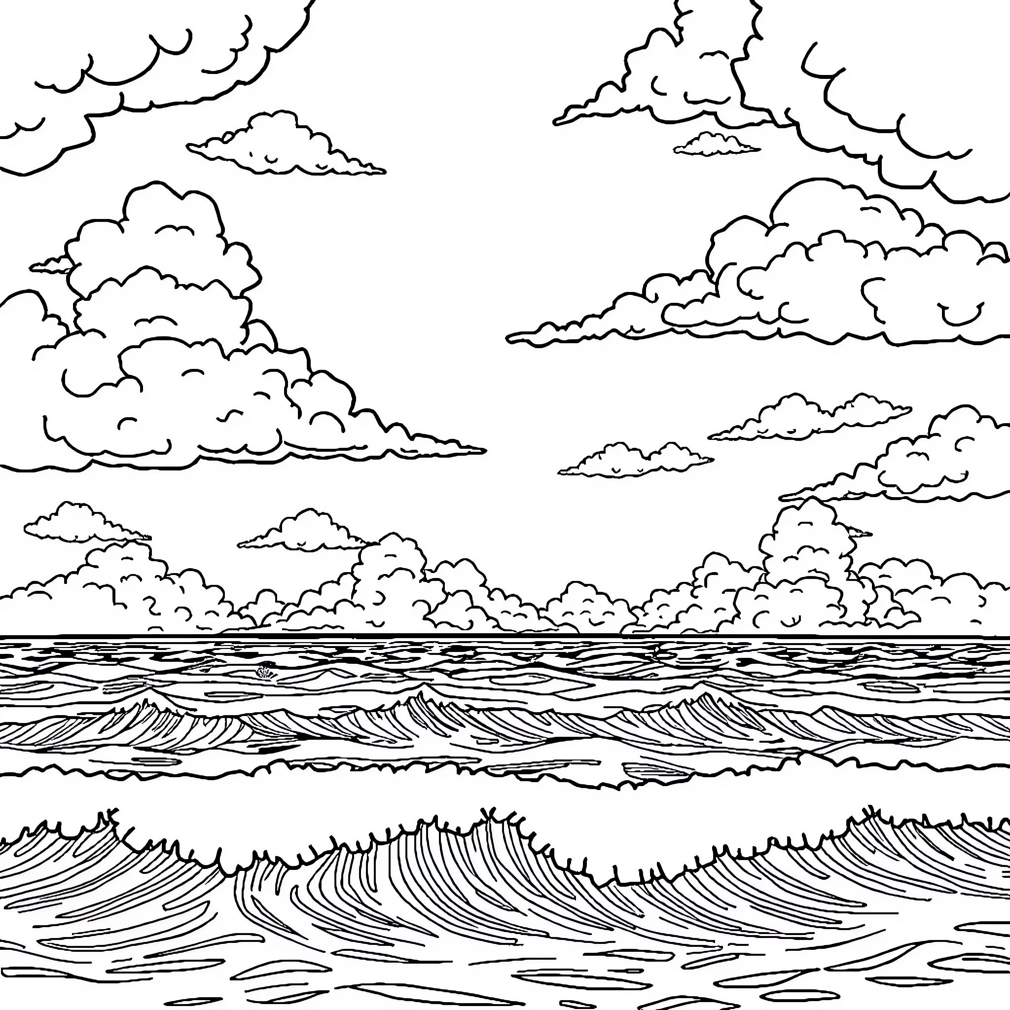 Sky filled with dynamic cloud formations over the crashing waves Coloring Page (free black-and-white line drawing printable PDF for all, from beginners to advanced learners, including children, teens, adults, and seniors)