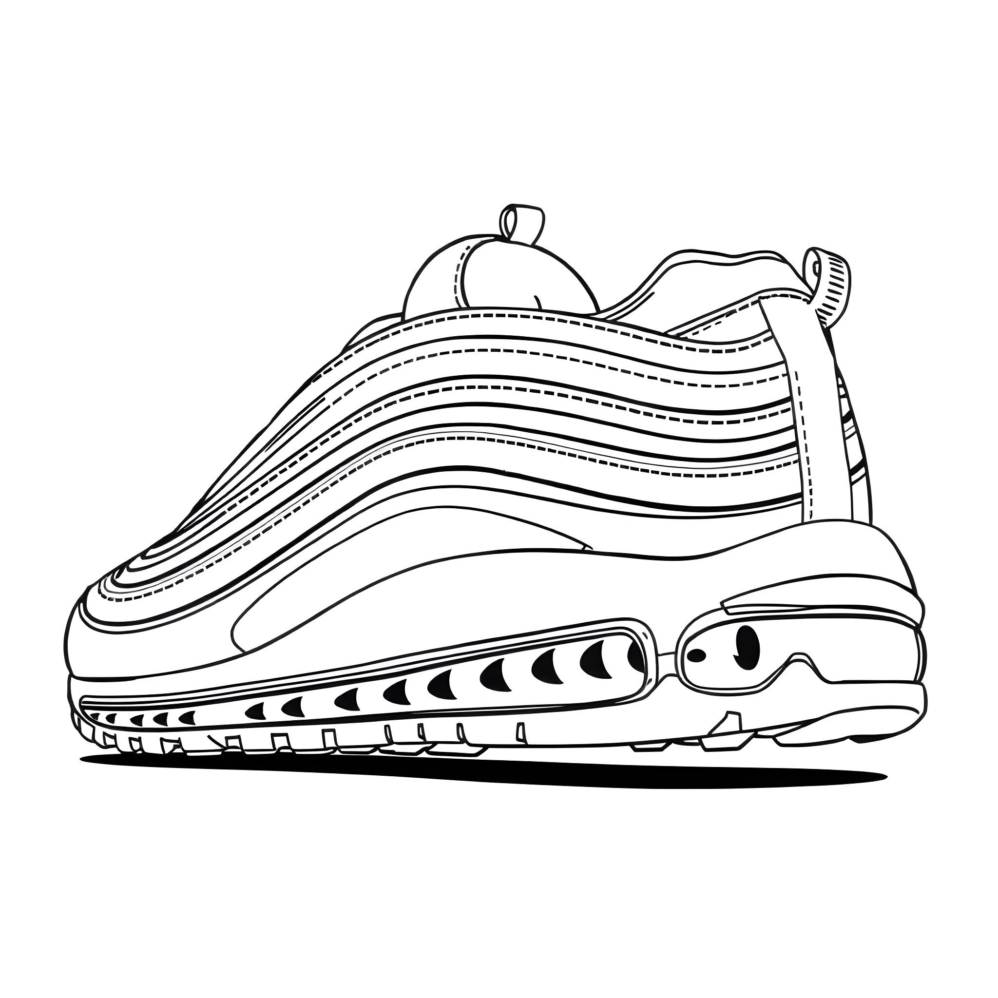 Air Max 97 sneaker design with distinctive wave pattern Coloring Page (free black-and-white line drawing printable PDF for all, from beginners to advanced learners, including children, teens, adults, and seniors)