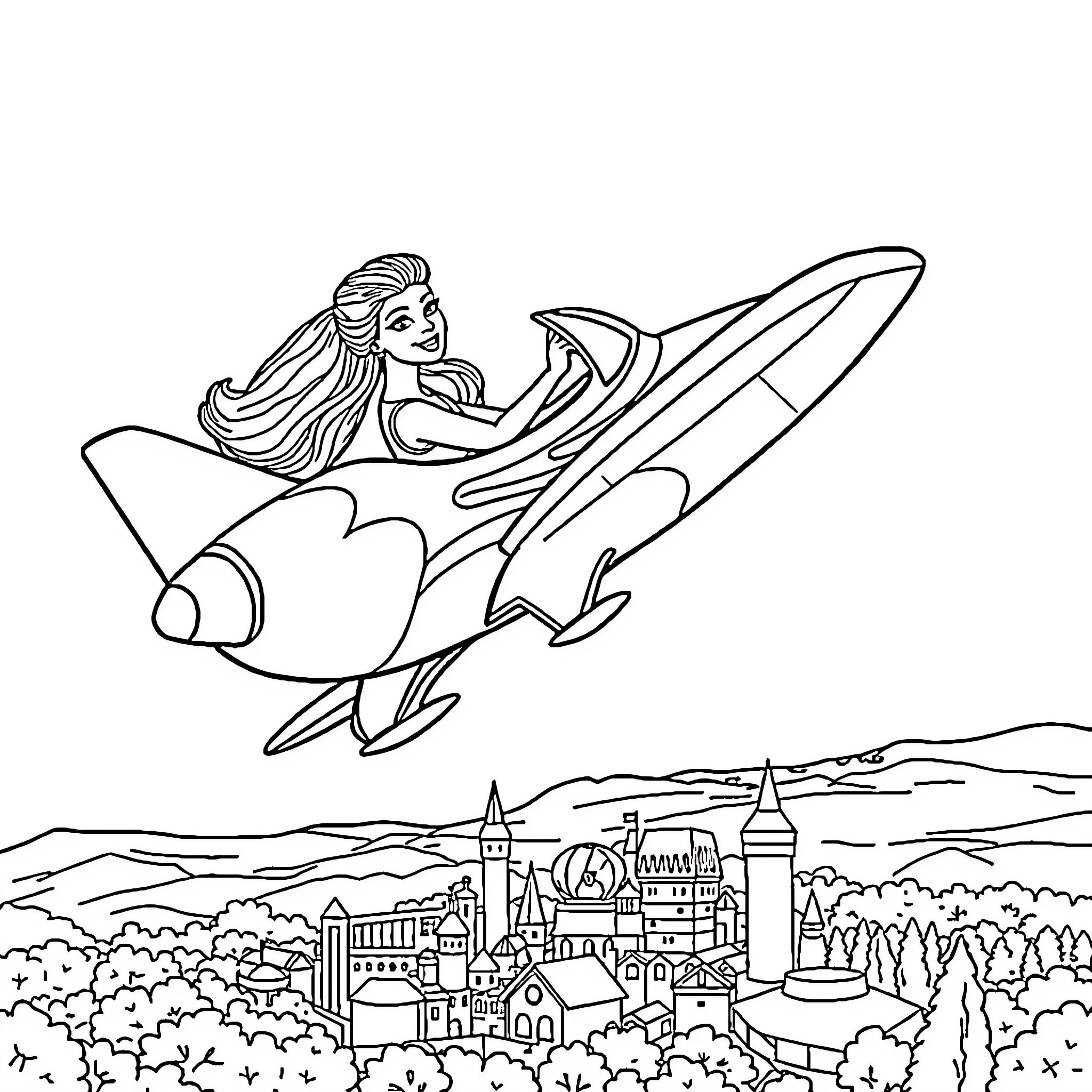 Barbie flying over a fantasy castle landscape Coloring Page (free black-and-white line drawing printable PDF for all, from beginners to advanced learners, including children, teens, adults, and seniors)