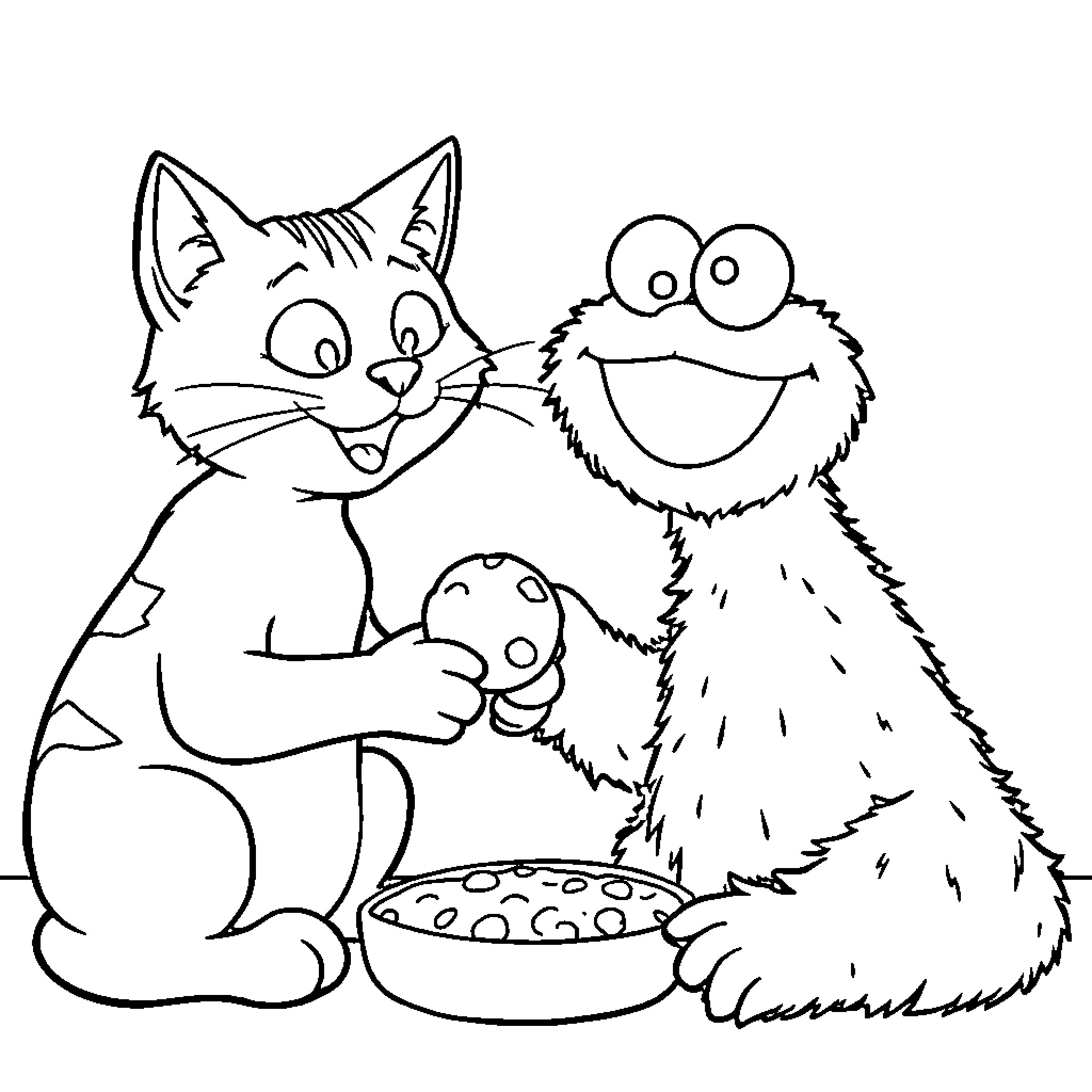 Pete the Cat and his Cookie Monster friend Coloring Page (free black-and-white line drawing printable PDF for all, from beginners to advanced learners, including children, teens, adults, and seniors)