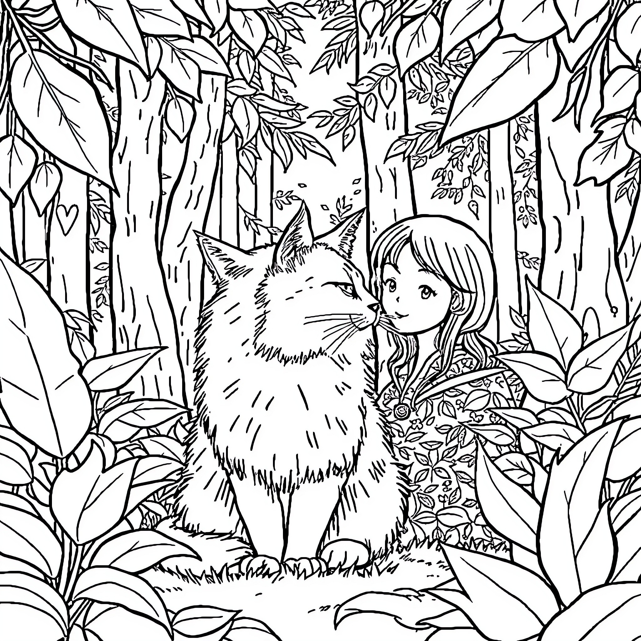 Gato Exploring the Enchanted Forest Coloring Page (free black-and-white line drawing printable PDF for all, from beginners to advanced learners, including children, teens, adults, and seniors)