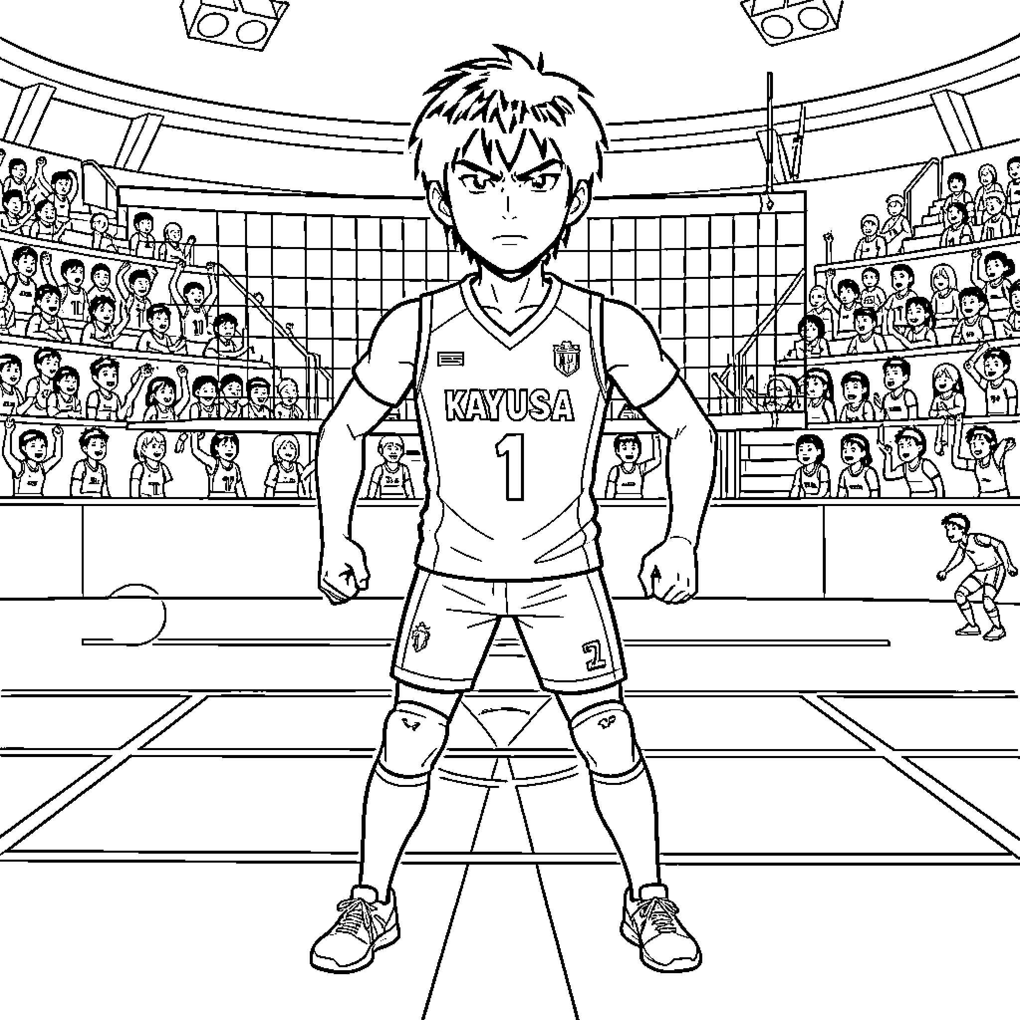 Sakusa Kiyoomi standing determinedly on a volleyball court Coloring Page (free black-and-white line drawing printable PDF for all, from beginners to advanced learners, including children, teens, adults, and seniors)