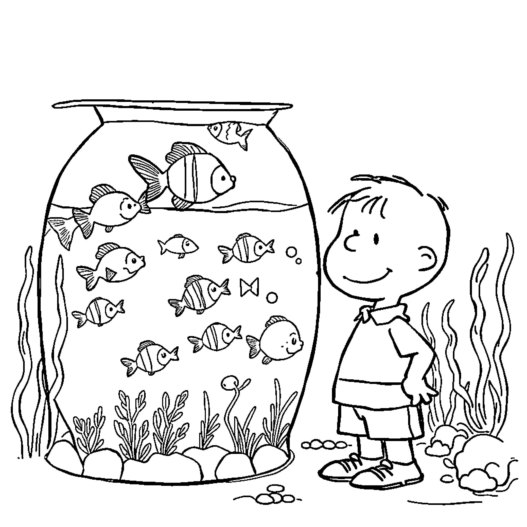 Charlie Brown observing fish in an aquarium Coloring Page (free black-and-white line drawing printable PDF for all, from beginners to advanced learners, including children, teens, adults, and seniors)