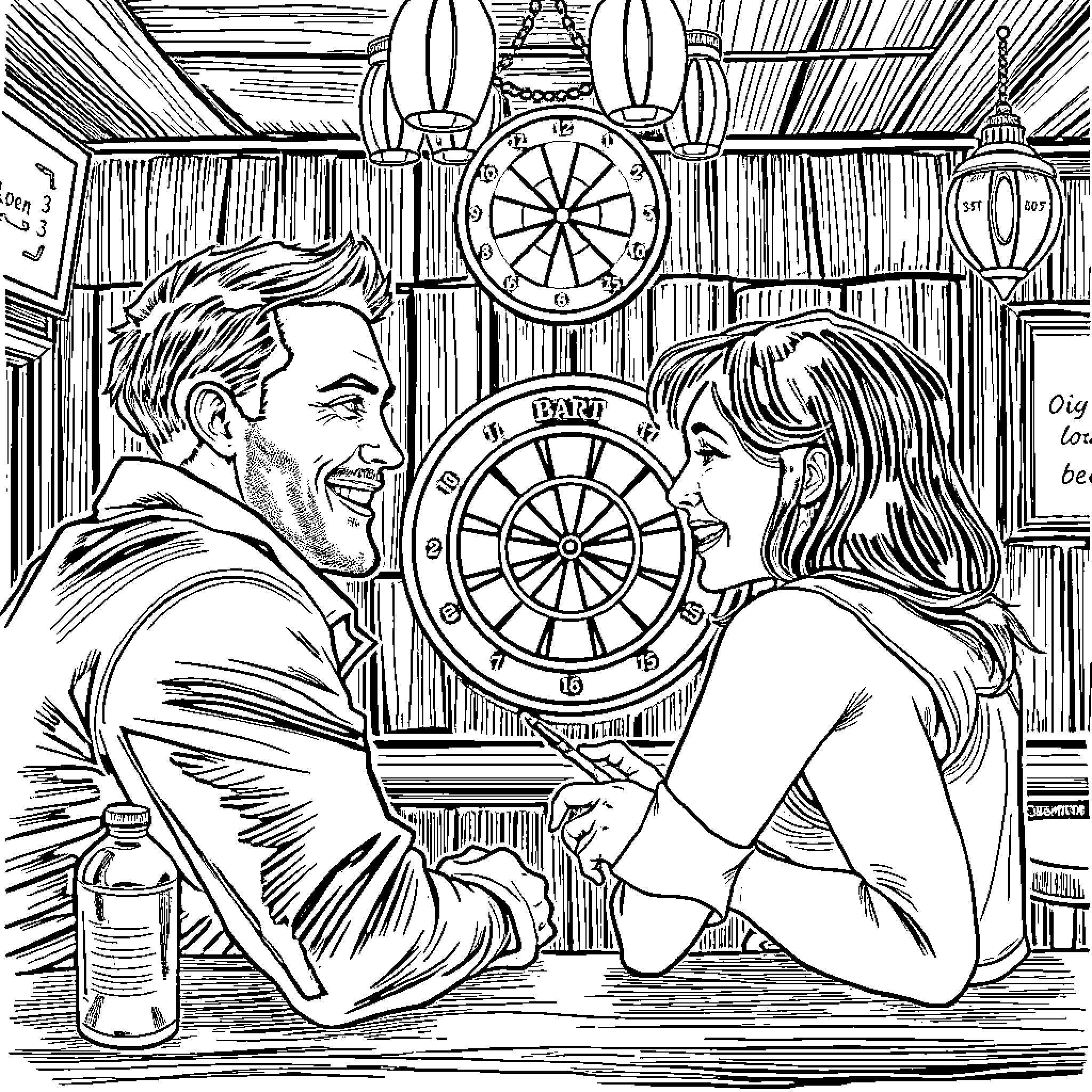 Couple engaged in playful activity at a bar Coloring Page (free black-and-white line drawing printable PDF for all, from beginners to advanced learners, including children, teens, adults, and seniors)
