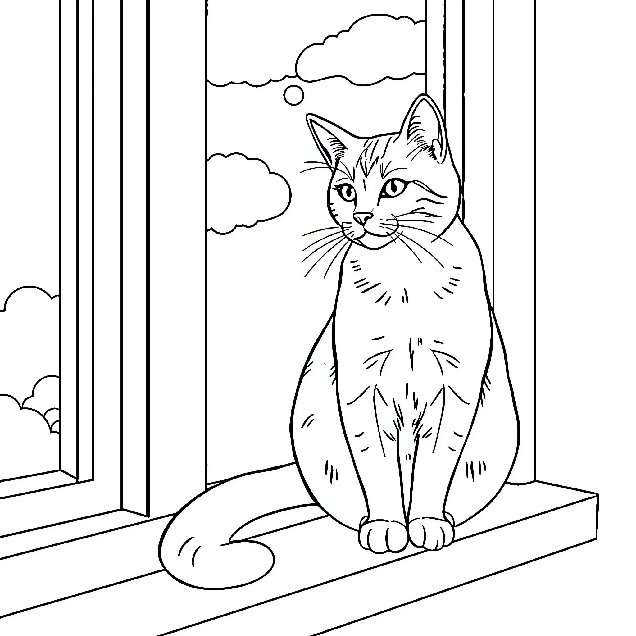 Cat gazing out the window Coloring Page (free black-and-white line drawing printable PDF for all, from beginners to advanced learners, including children, teens, adults, and seniors)