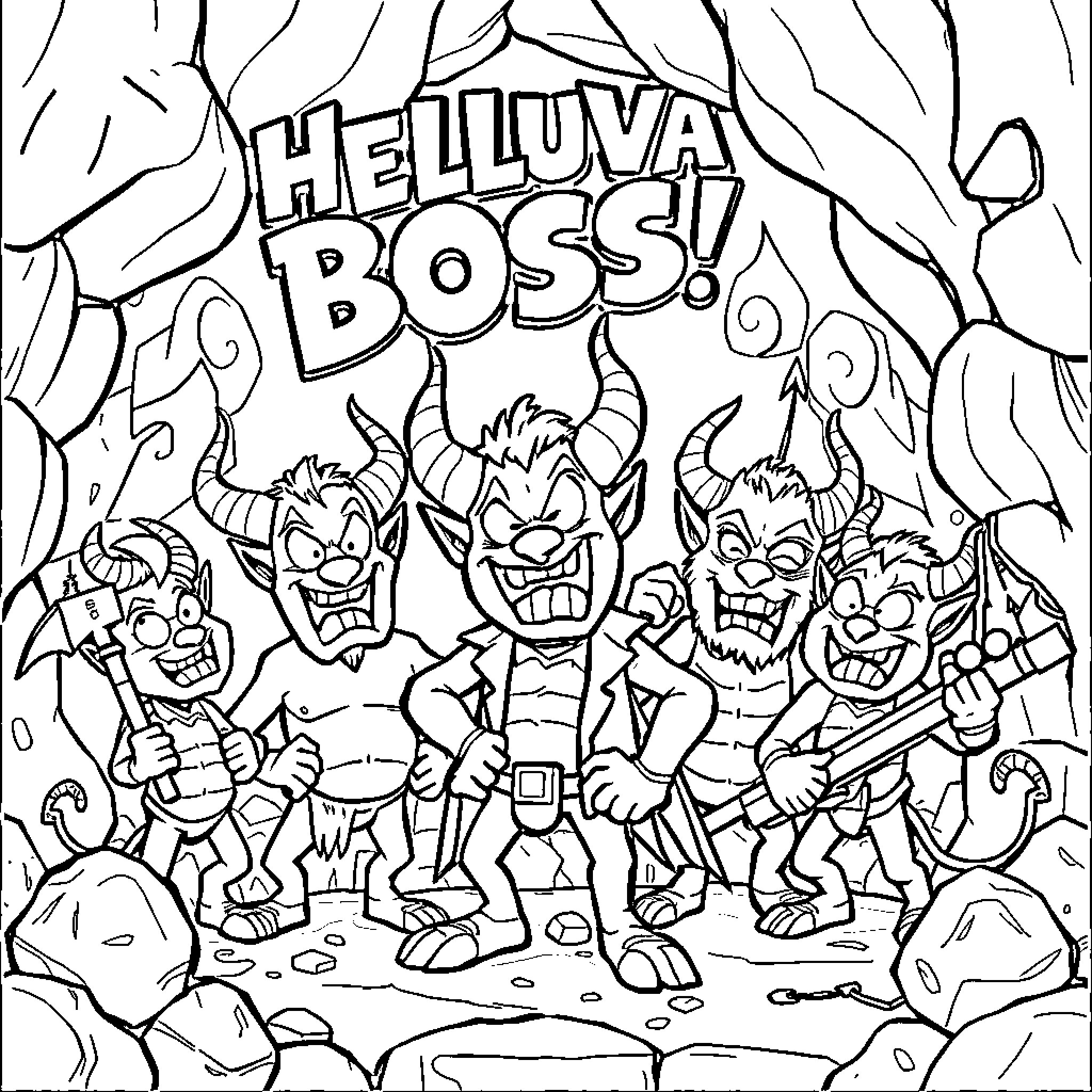 Helluva Boss! Monstrous Mayhem and Mischief Coloring Page (free black-and-white line drawing printable PDF for all, from beginners to advanced learners, including children, teens, adults, and seniors)