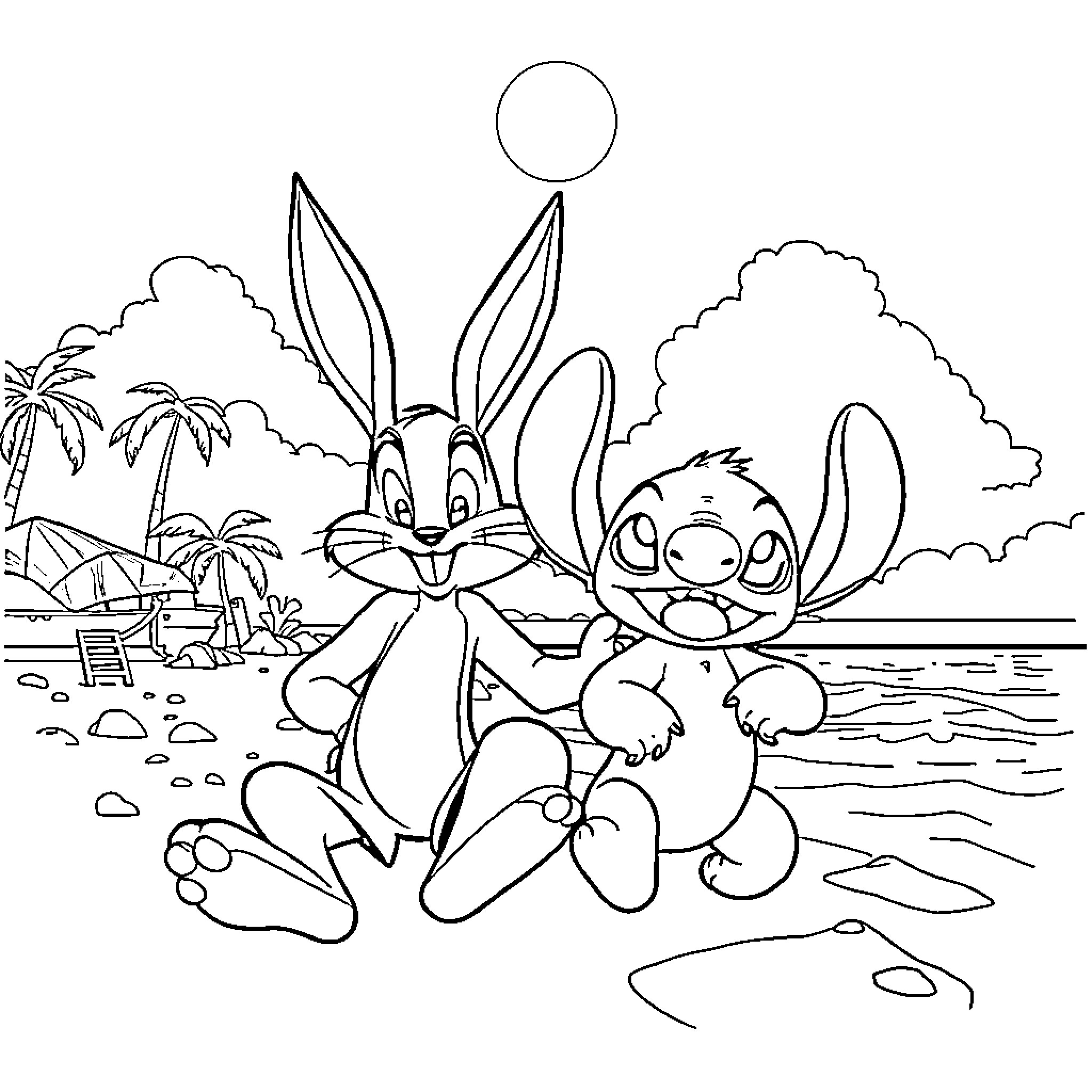 Bugs Bunny playing with Stitch on the beach Coloring Page (free black-and-white line drawing printable PDF for all, from beginners to advanced learners, including children, teens, adults, and seniors)