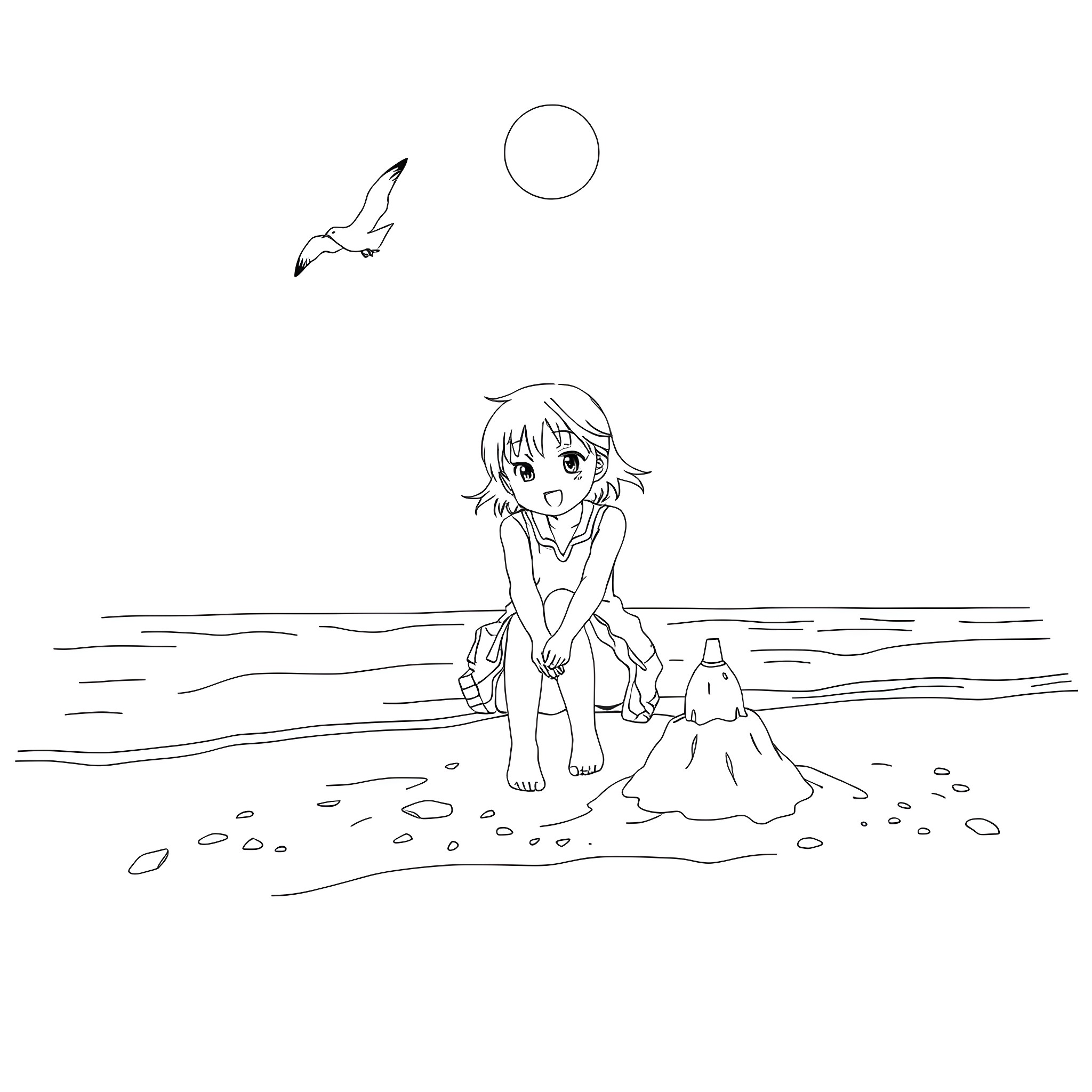 Anime Girl Building a Sandcastle on the Beach Coloring Page (free black-and-white line drawing printable PDF for all, from beginners to advanced learners, including children, teens, adults, and seniors)