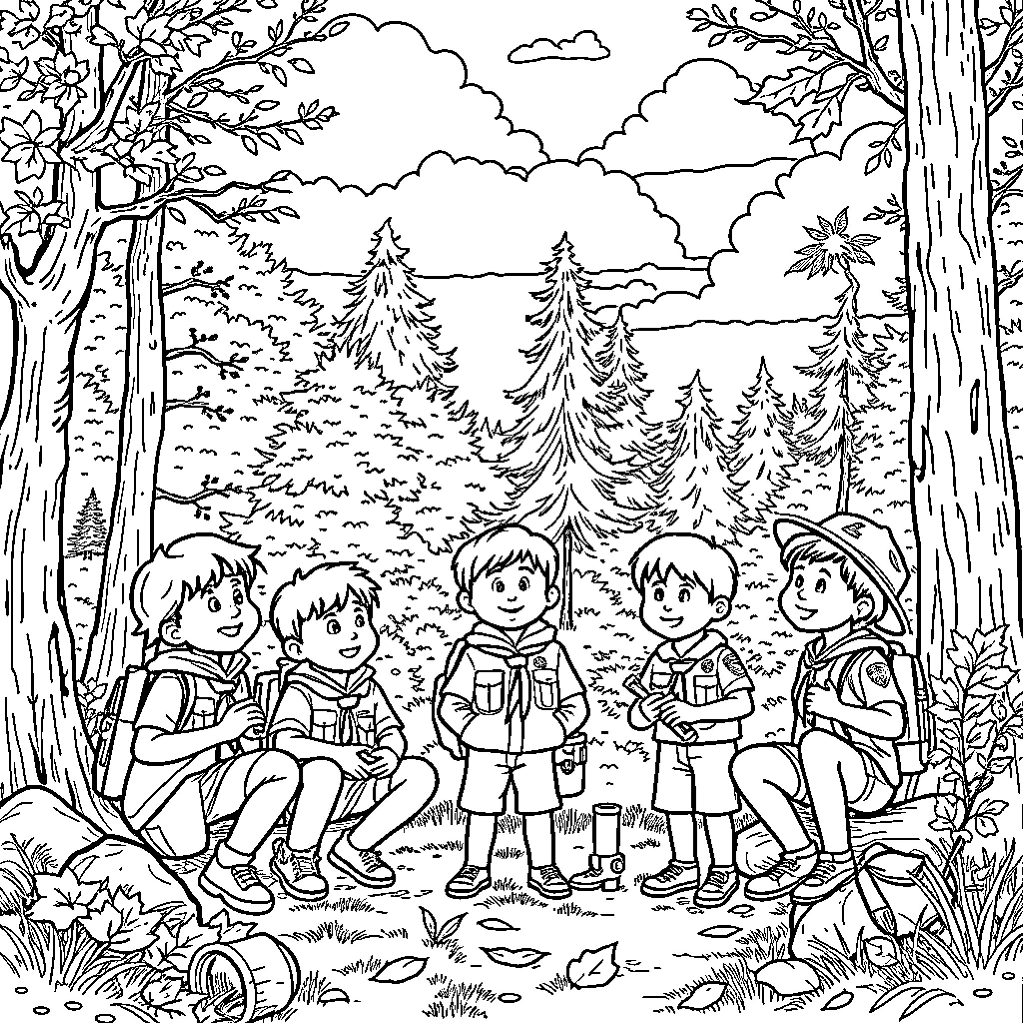 Cub Scouts exploring the wilderness Coloring Page (free black-and-white line drawing printable PDF for all, from beginners to advanced learners, including children, teens, adults, and seniors)