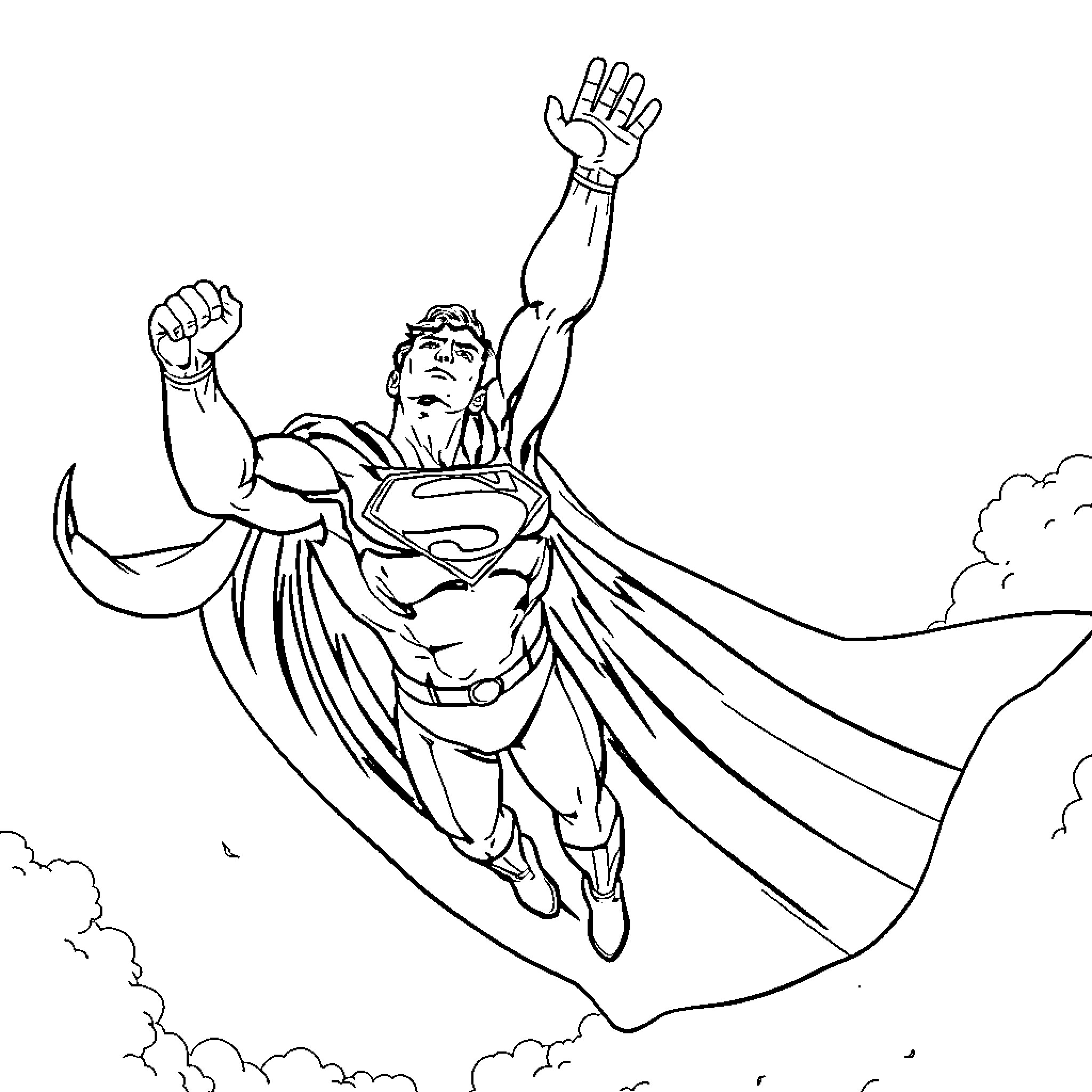 Superman soaring through the sky with outstretched arms Coloring Page (free black-and-white line drawing printable PDF for all, from beginners to advanced learners, including children, teens, adults, and seniors)