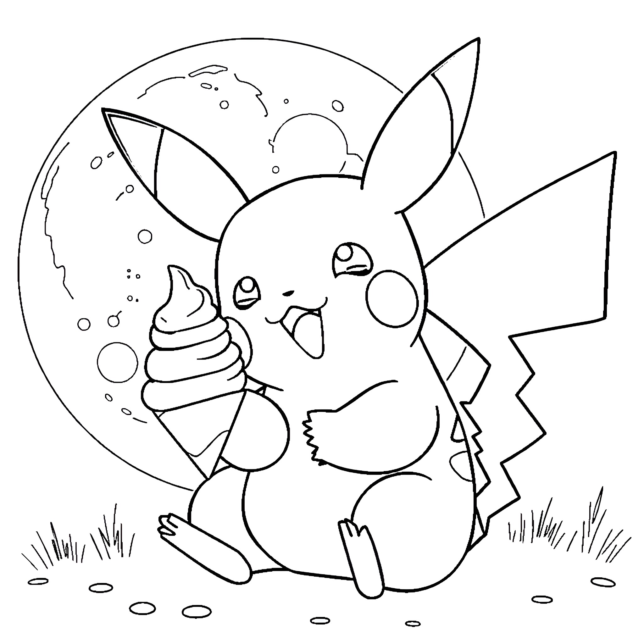Pikachu enjoying an ice cream under the moon Coloring Page (free black-and-white line drawing printable PDF for all, from beginners to advanced learners, including children, teens, adults, and seniors)
