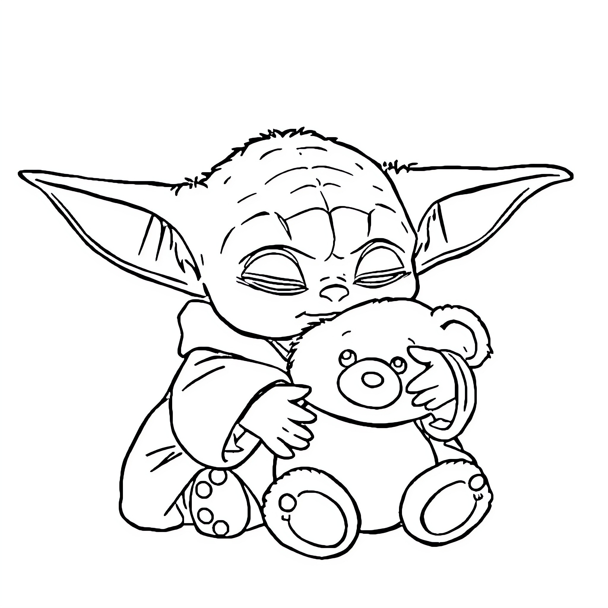Yoda holding a stuffed animal Coloring Page (free black-and-white line drawing printable PDF for all, from beginners to advanced learners, including children, teens, adults, and seniors)