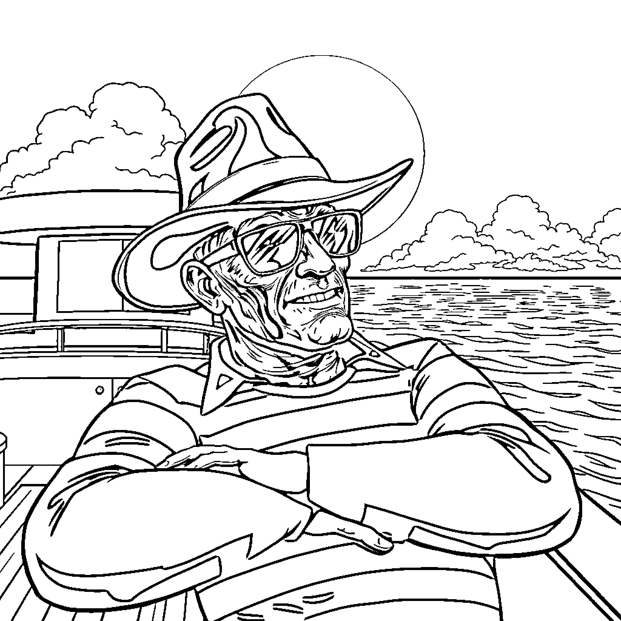 Freddy Kruger Lounging by the Lake Coloring Page (free black-and-white line drawing printable PDF for all, from beginners to advanced learners, including children, teens, adults, and seniors)