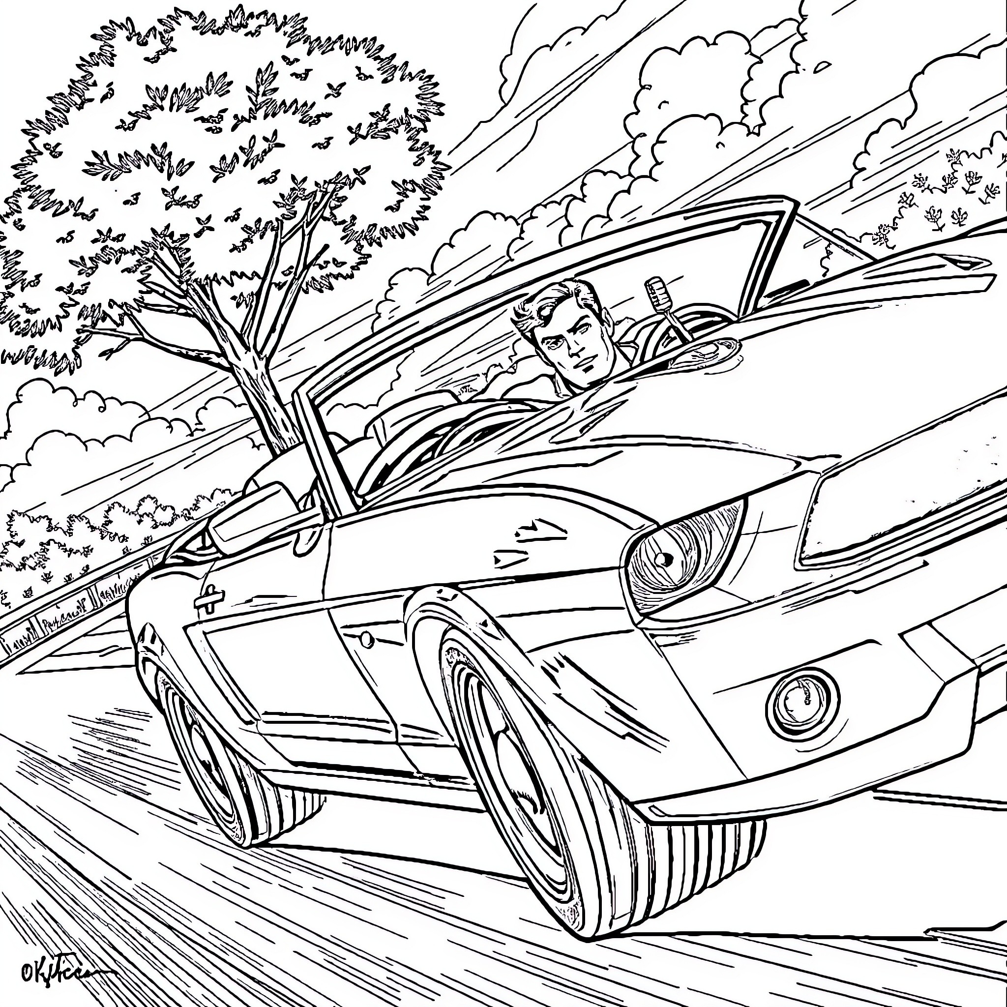 Superman driving a sports car through the countryside Coloring Page (free black-and-white line drawing printable PDF for all, from beginners to advanced learners, including children, teens, adults, and seniors)