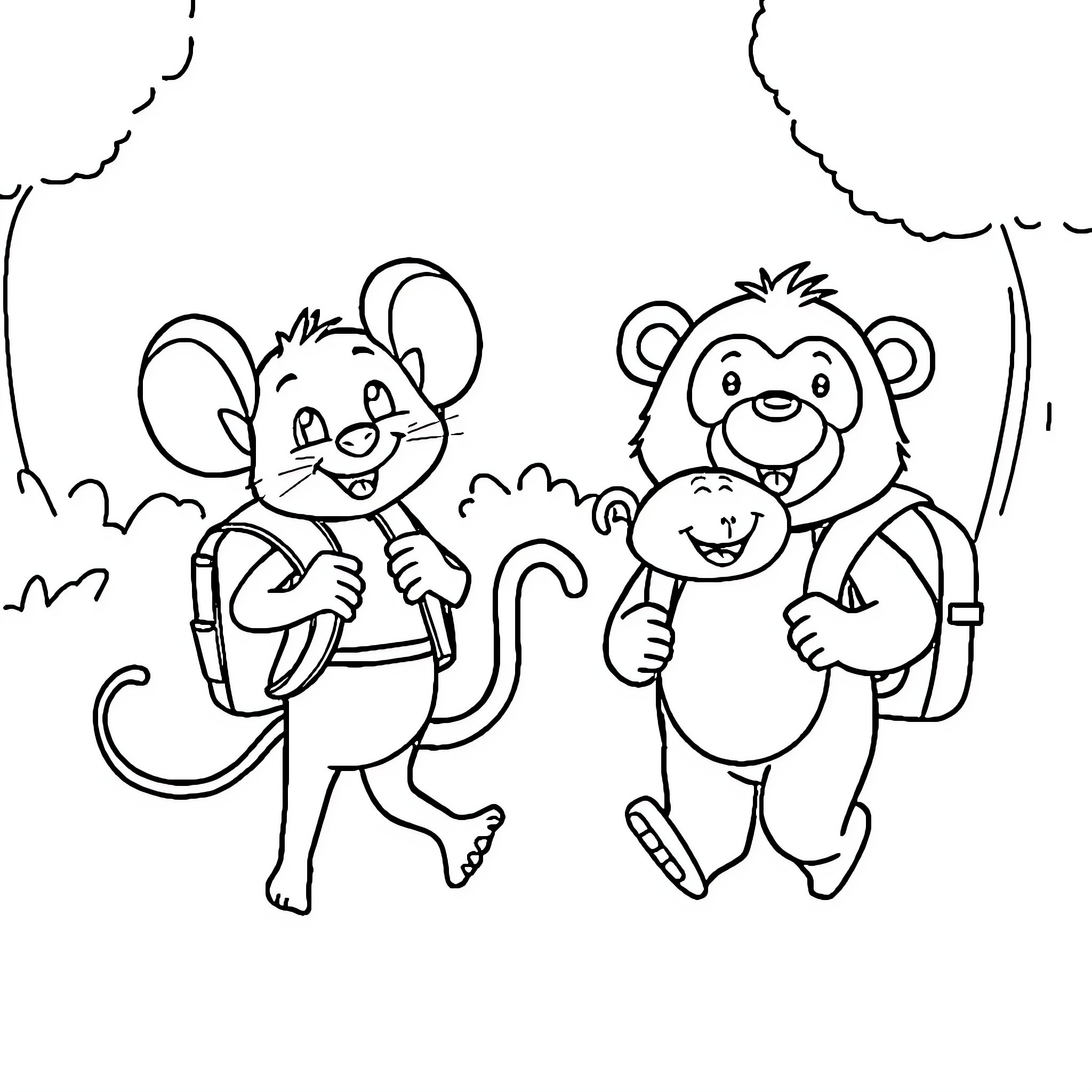 Mouse and Bear Hiking Together in Nature Coloring Page (free black-and-white line drawing printable PDF for all, from beginners to advanced learners, including children, teens, adults, and seniors)