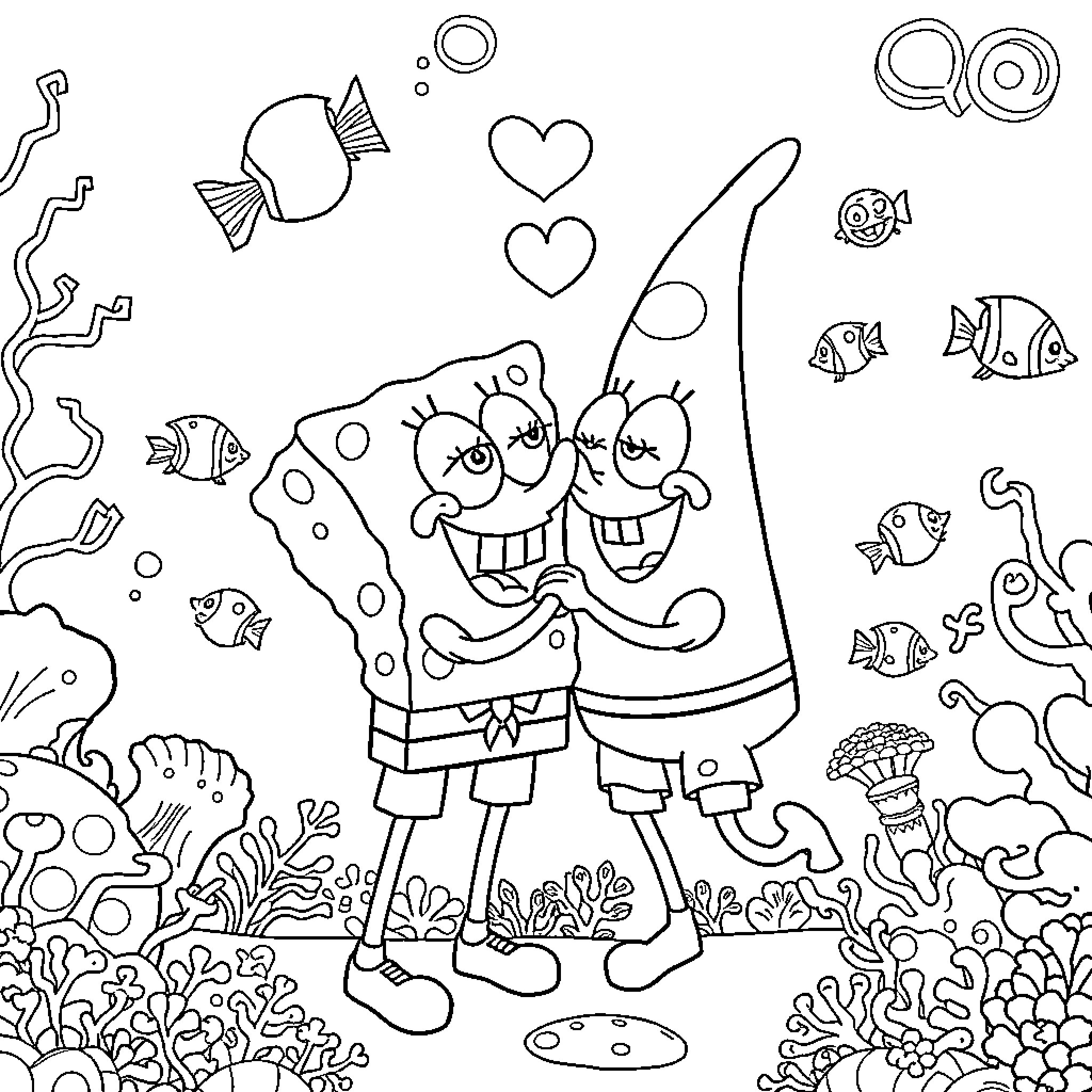 Spongebob and Patrick in an underwater adventure Coloring Page (free black-and-white line drawing printable PDF for all, from beginners to advanced learners, including children, teens, adults, and seniors)