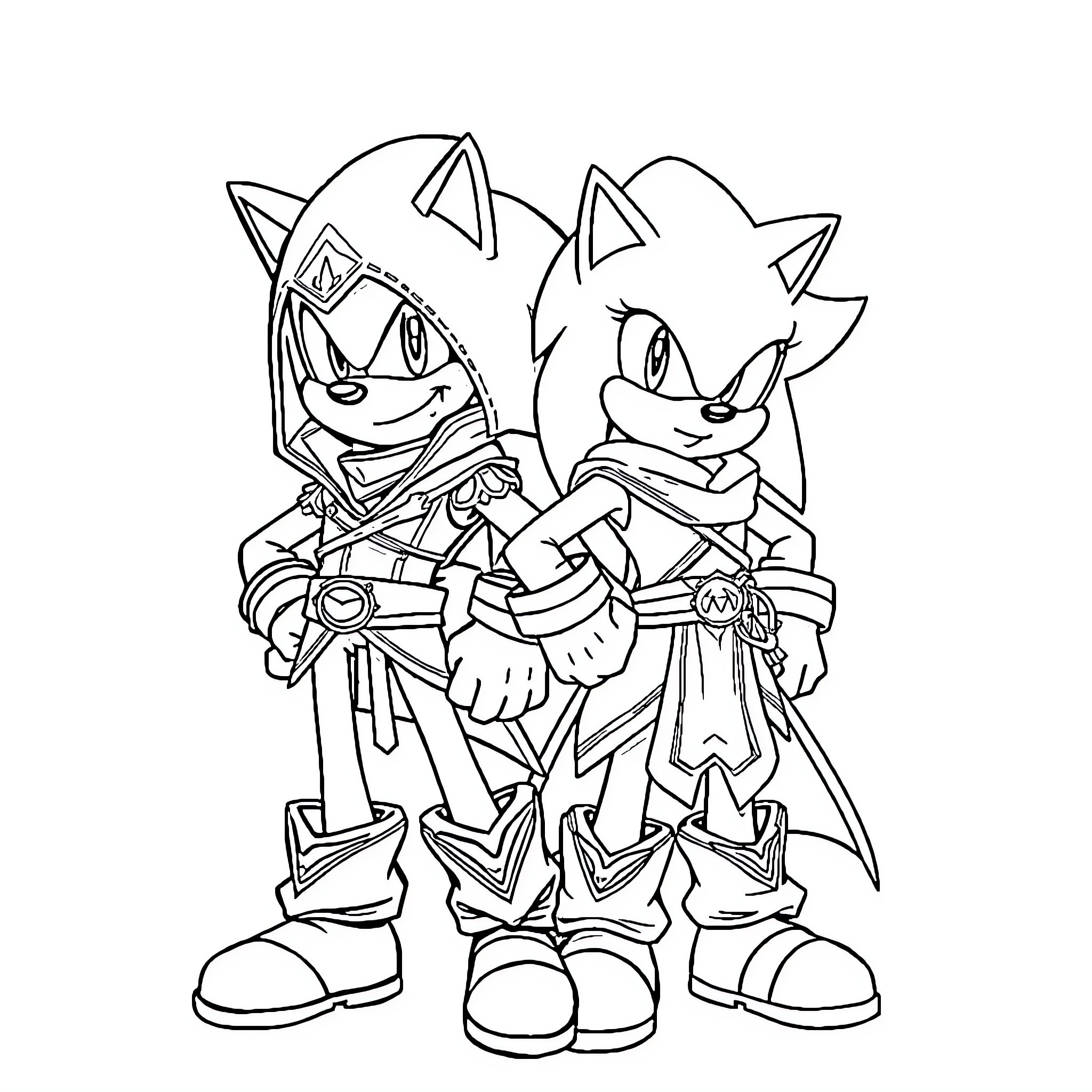 Sonic characters in action-ready outfits Coloring Page (free black-and-white line drawing printable PDF for all, from beginners to advanced learners, including children, teens, adults, and seniors)