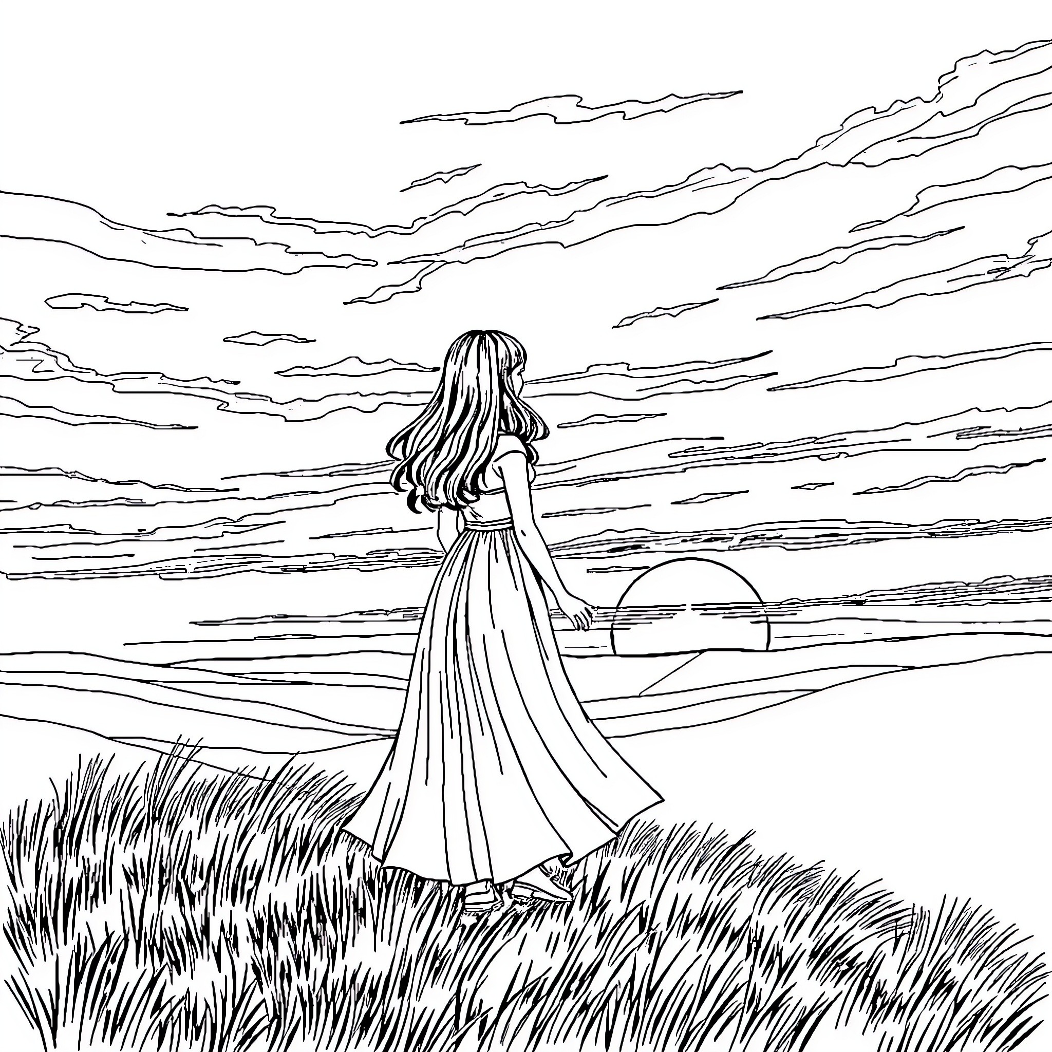 Girl admiring the sunset landscape Coloring Page (free black-and-white line drawing printable PDF for all, from beginners to advanced learners, including children, teens, adults, and seniors)