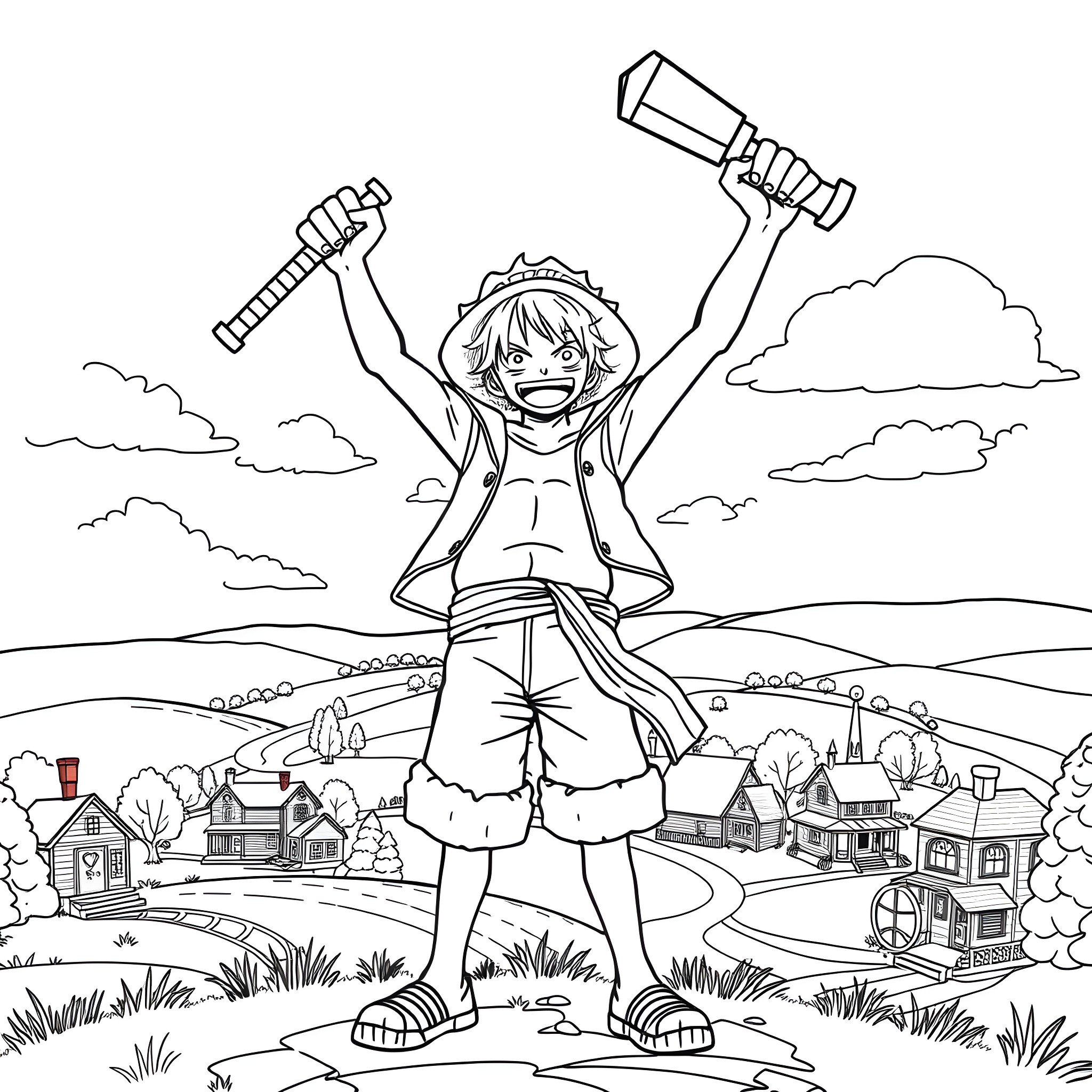 Luffy triumphantly raises his fists in a rural landscape Coloring Page (free black-and-white line drawing printable PDF for all, from beginners to advanced learners, including children, teens, adults, and seniors)