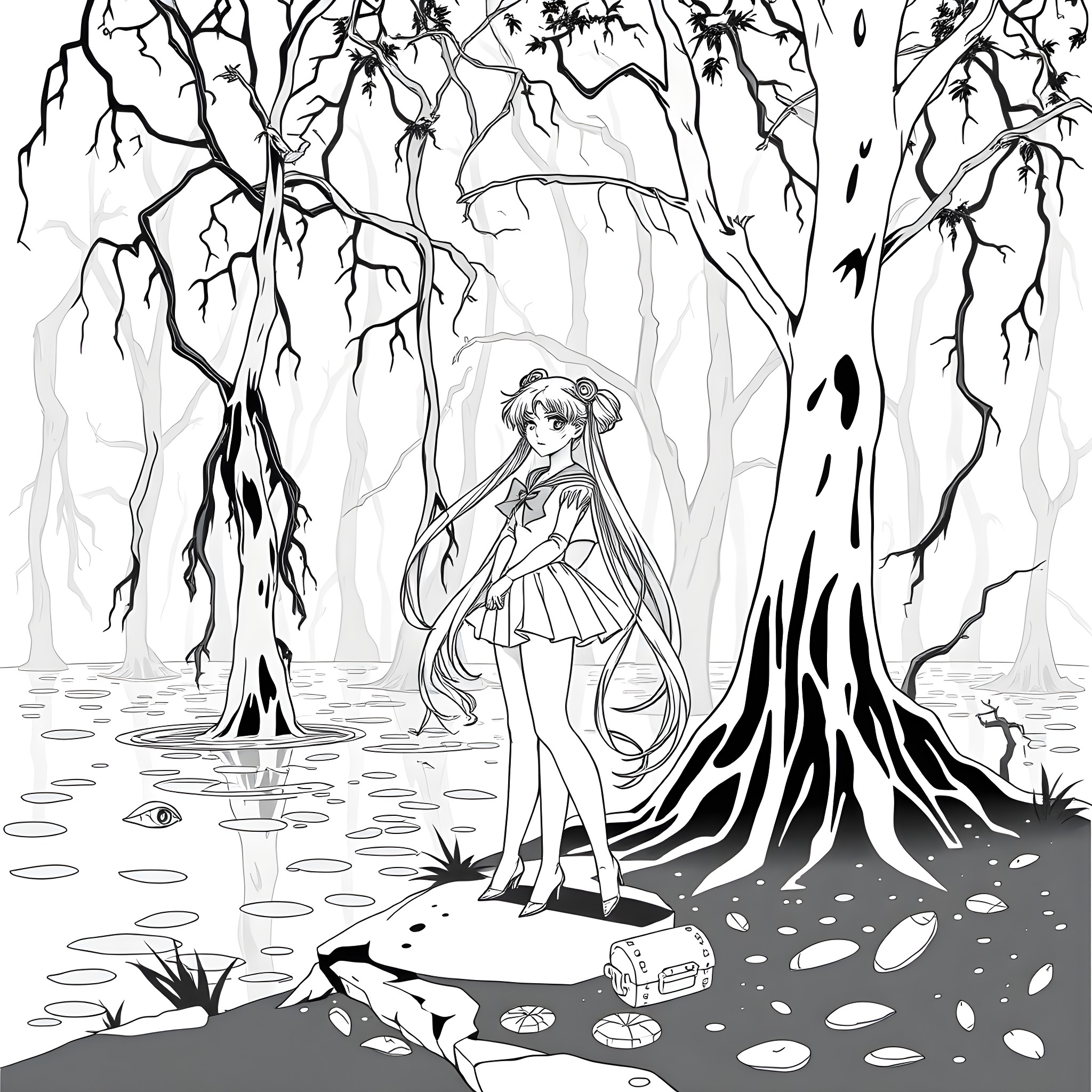 Sailor Moon in a Magical Forest Landscape Coloring Page (free black-and-white line drawing printable PDF for all, from beginners to advanced learners, including children, teens, adults, and seniors)