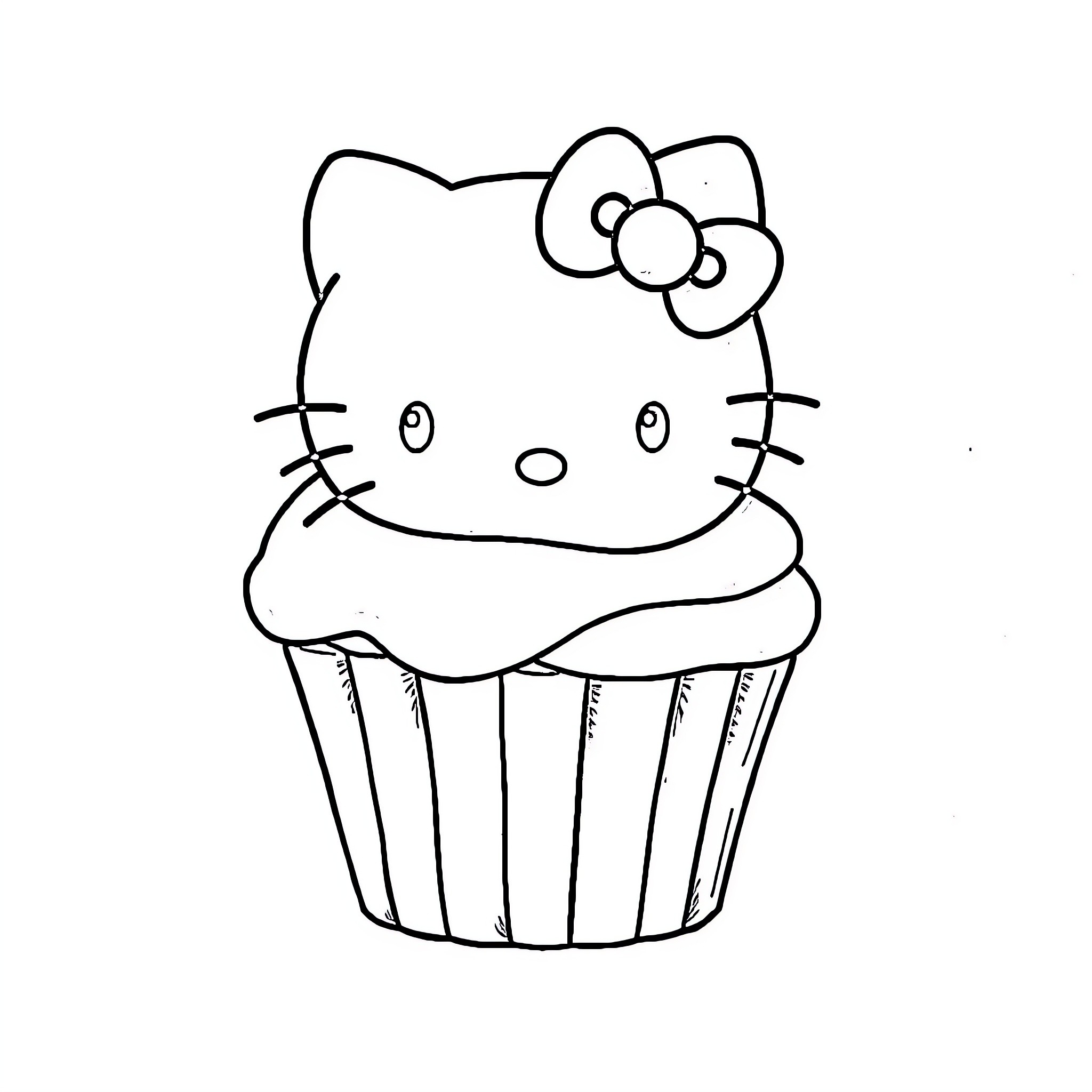 Hello Kitty enjoying a cupcake treat Coloring Page (free black-and-white line drawing printable PDF for all, from beginners to advanced learners, including children, teens, adults, and seniors)