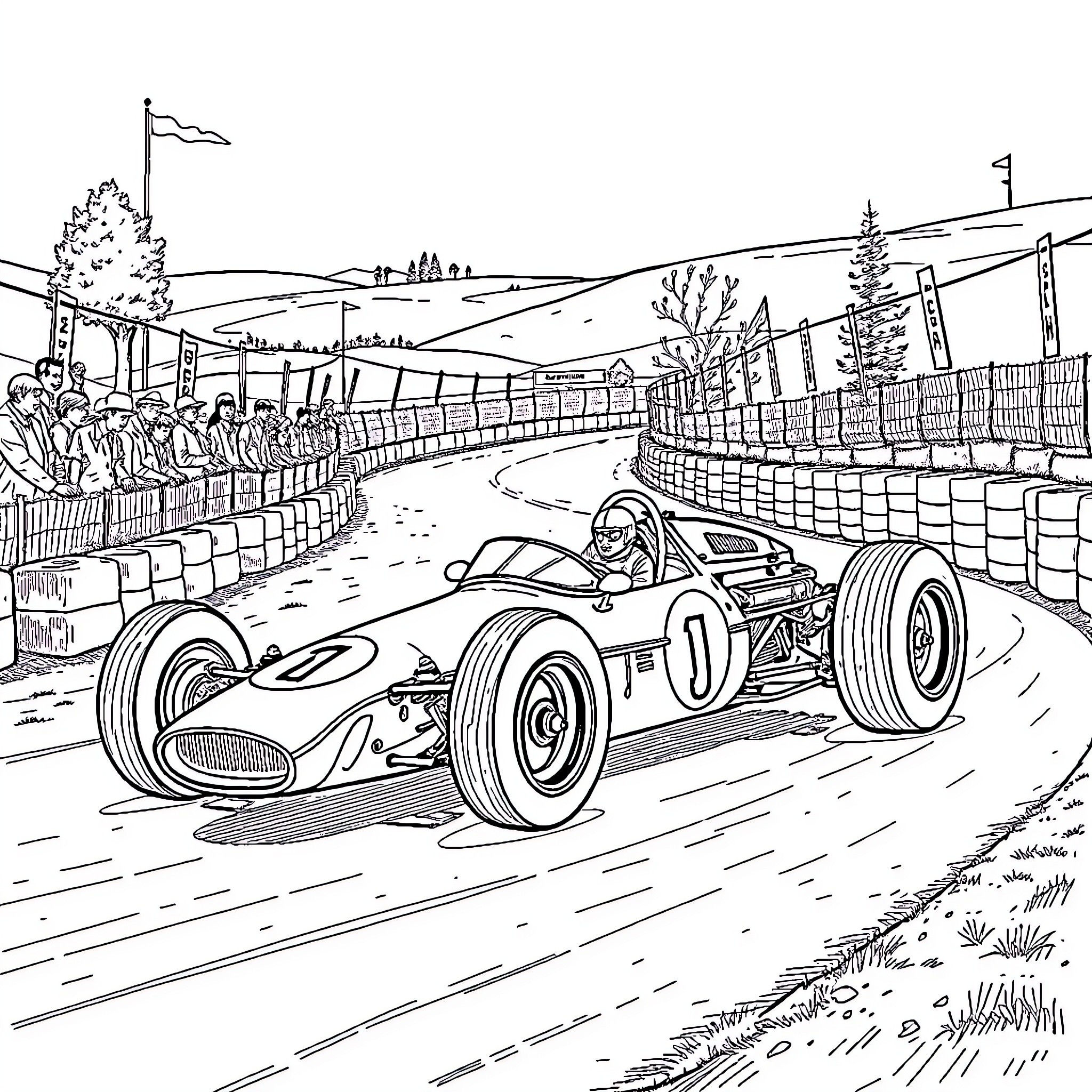 Formula 1 Car Racing on Track with Spectators Coloring Page (free black-and-white line drawing printable PDF for all, from beginners to advanced learners, including children, teens, adults, and seniors)