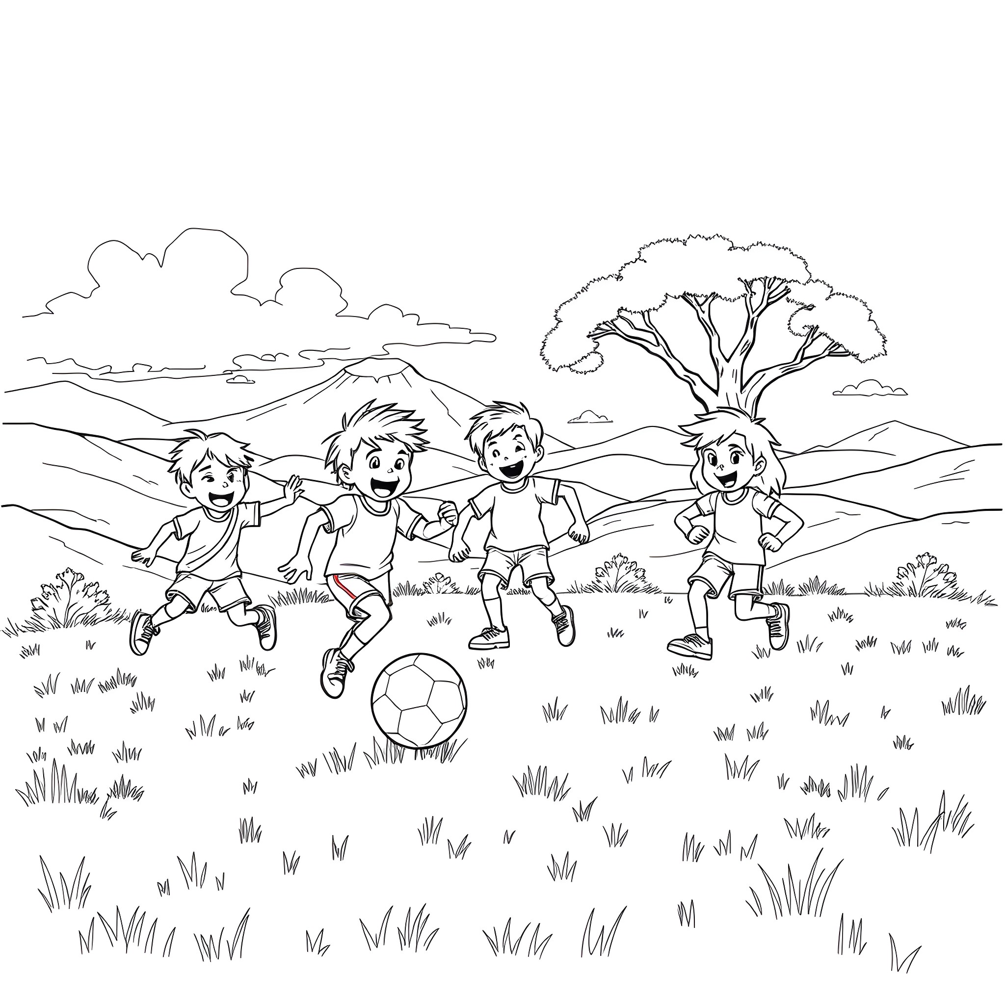 Goonie kids playing soccer in the countryside Coloring Page (free black-and-white line drawing printable PDF for all, from beginners to advanced learners, including children, teens, adults, and seniors)