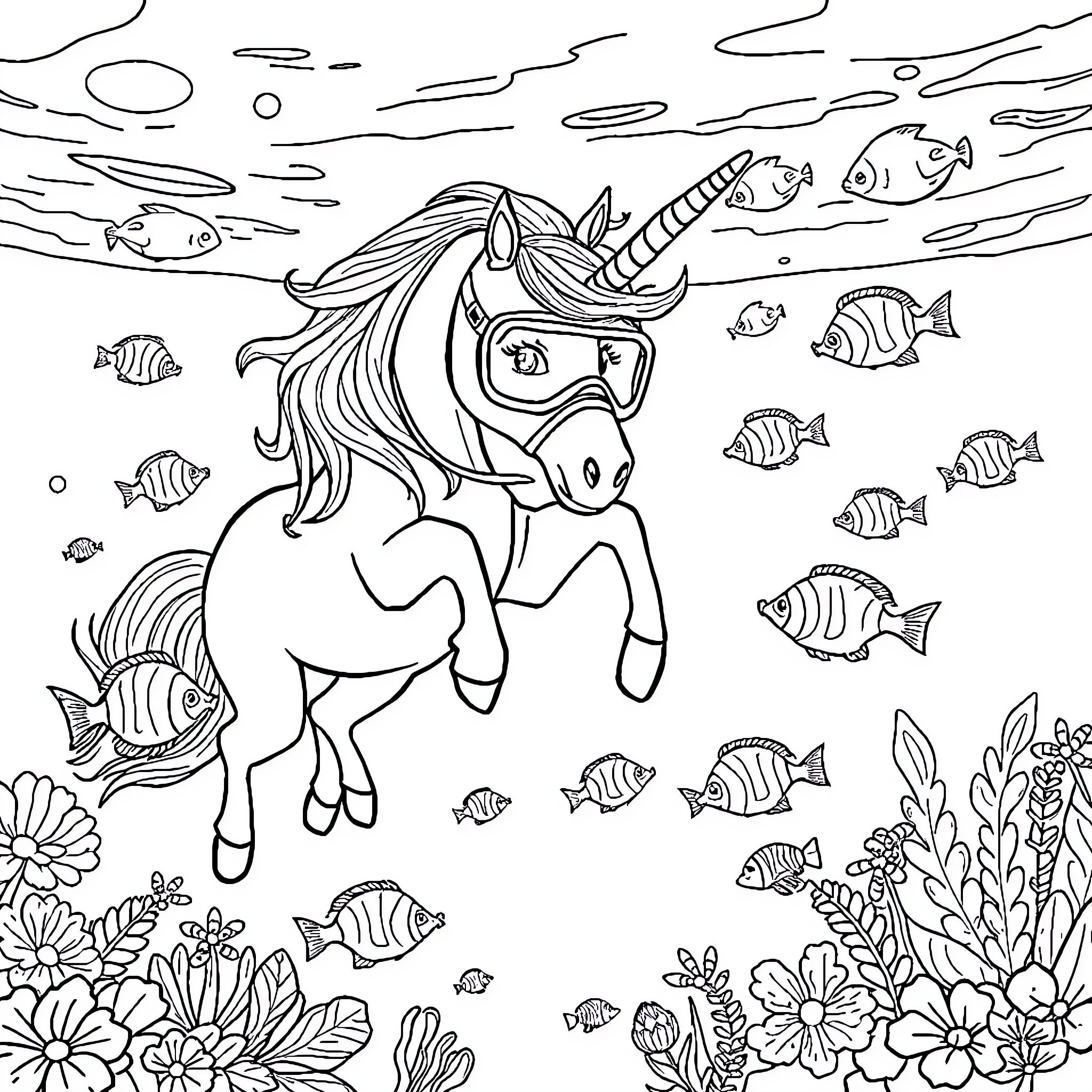 Unicorn swimming with tropical fish in underwater scene Coloring Page (free black-and-white line drawing printable PDF for all, from beginners to advanced learners, including children, teens, adults, and seniors)