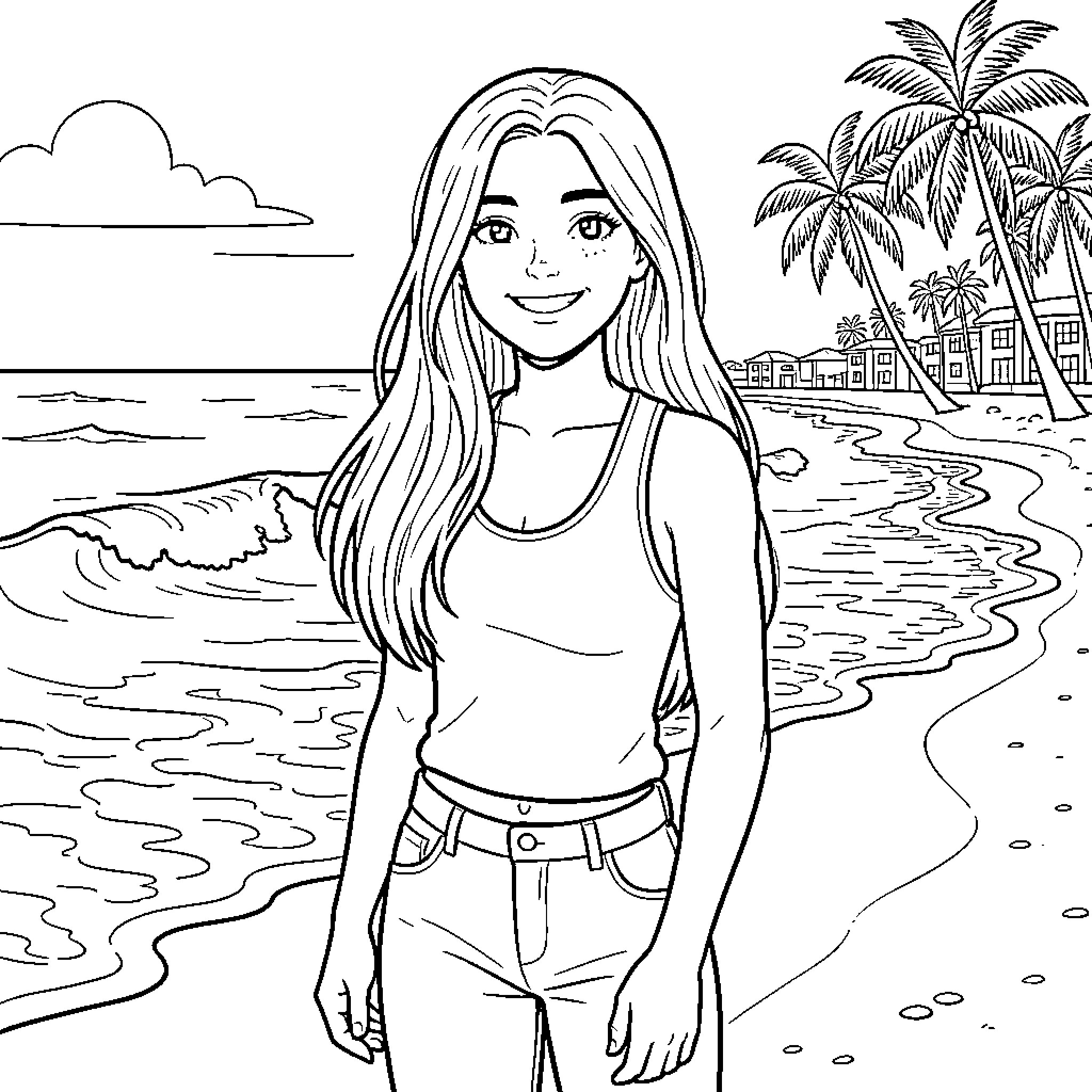 Teenage Girl smiling on a tropical beach Coloring Page (free black-and-white line drawing printable PDF for all, from beginners to advanced learners, including children, teens, adults, and seniors)
