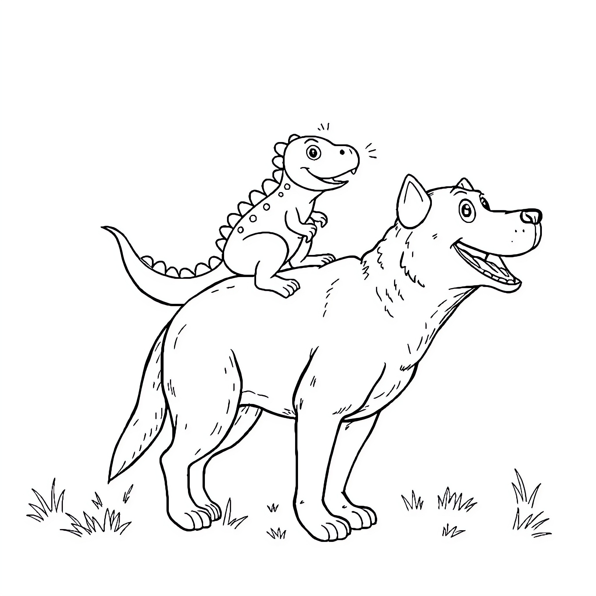 Dino riding happily on loyal dog's back Coloring Page (free black-and-white line drawing printable PDF for all, from beginners to advanced learners, including children, teens, adults, and seniors)
