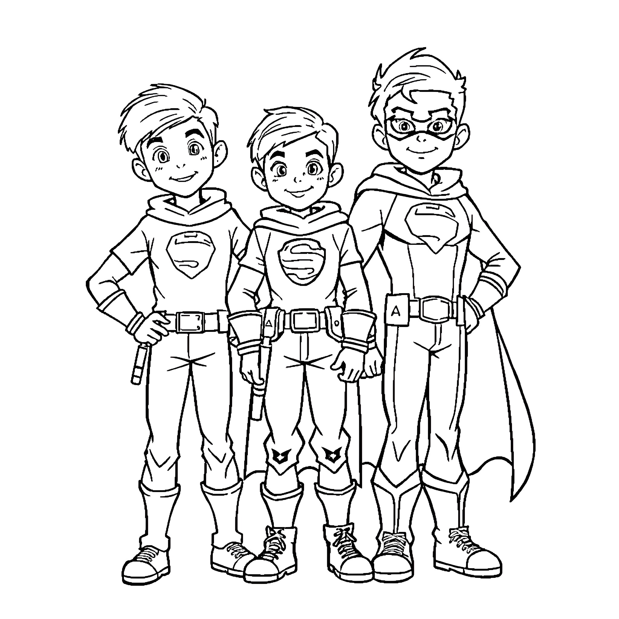 Hero Siblings in Heroic Poses Coloring Page (free black-and-white line drawing printable PDF for all, from beginners to advanced learners, including children, teens, adults, and seniors)