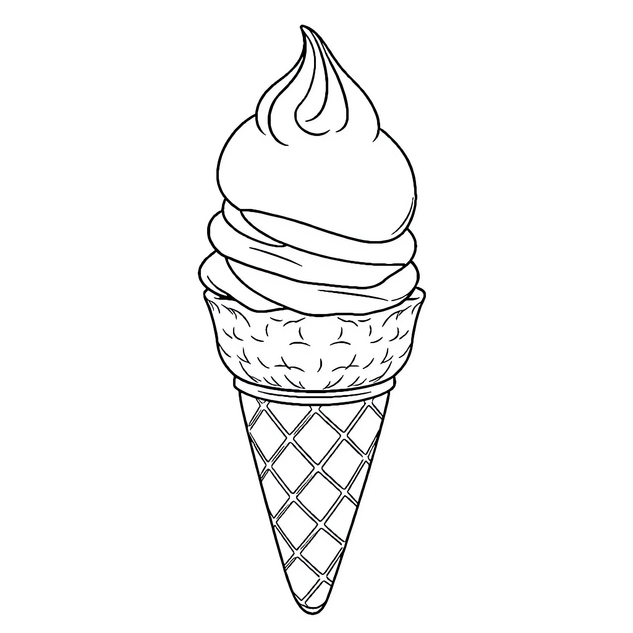 Ice Cream Cone with Swirled Treat Coloring Page (free black-and-white line drawing printable PDF for all, from beginners to advanced learners, including children, teens, adults, and seniors)