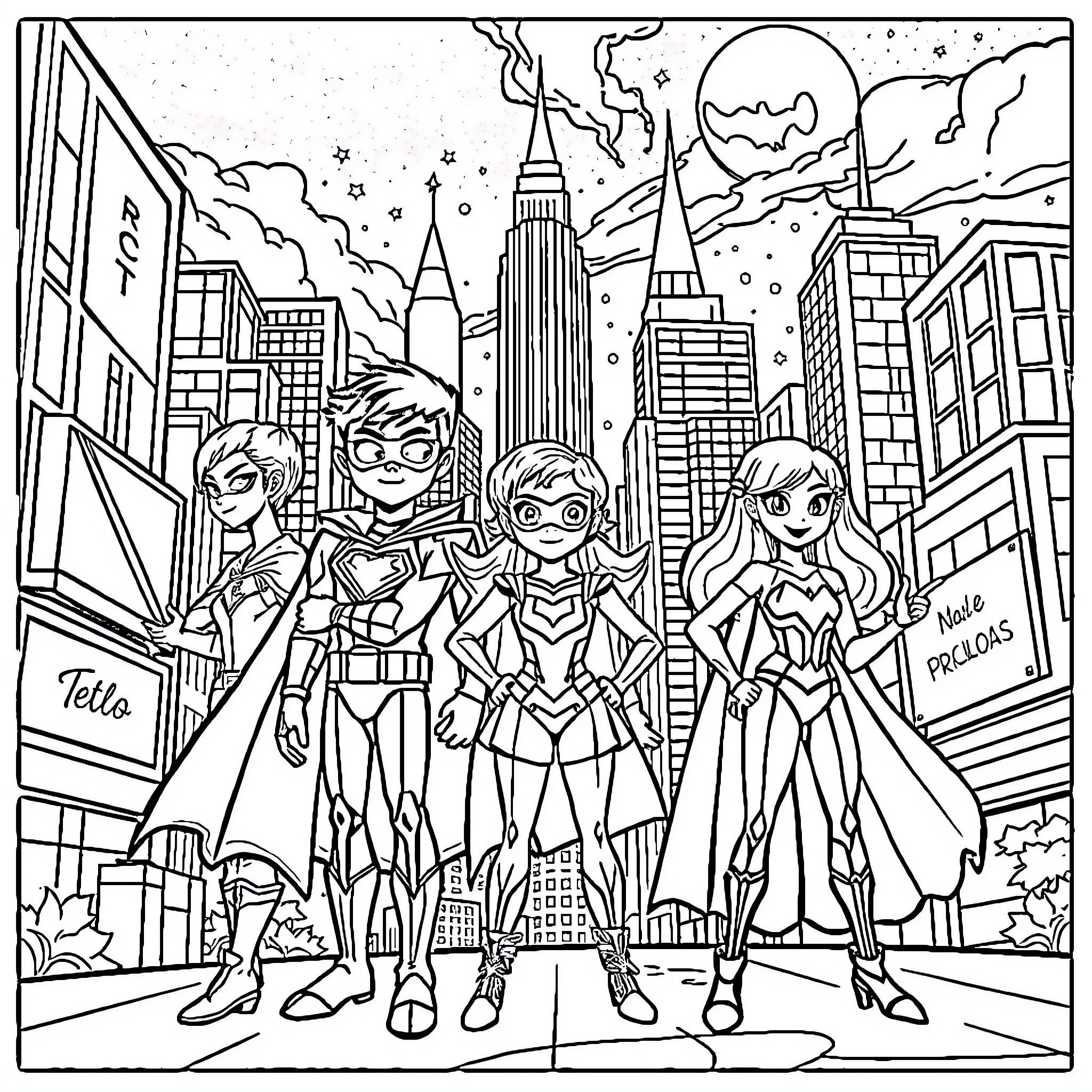 Miraculous Heroic Deeds in the City Coloring Page (free black-and-white line drawing printable PDF for all, from beginners to advanced learners, including children, teens, adults, and seniors)