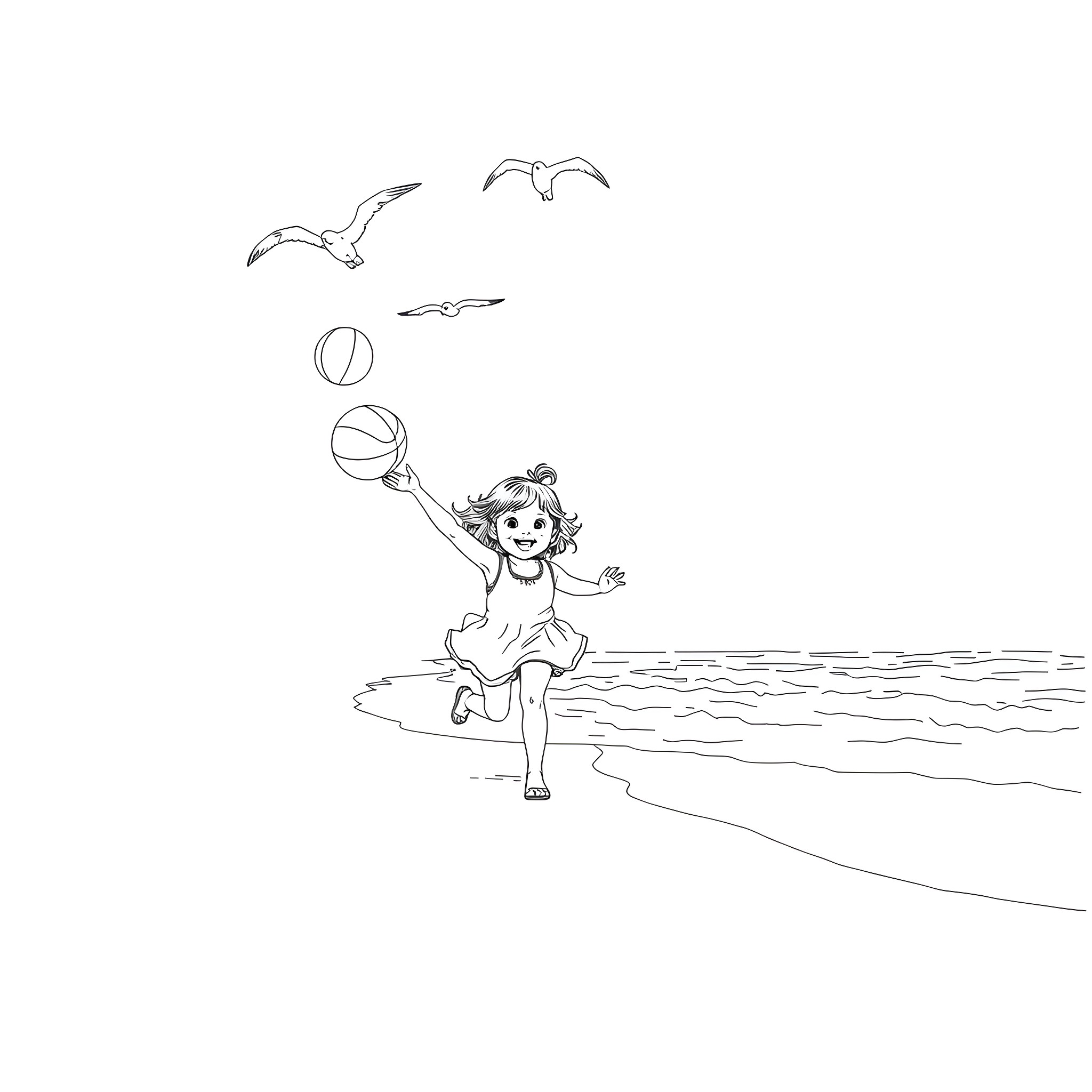 Girl playing happily with ball on the beach Coloring Page (free black-and-white line drawing printable PDF for all, from beginners to advanced learners, including children, teens, adults, and seniors)