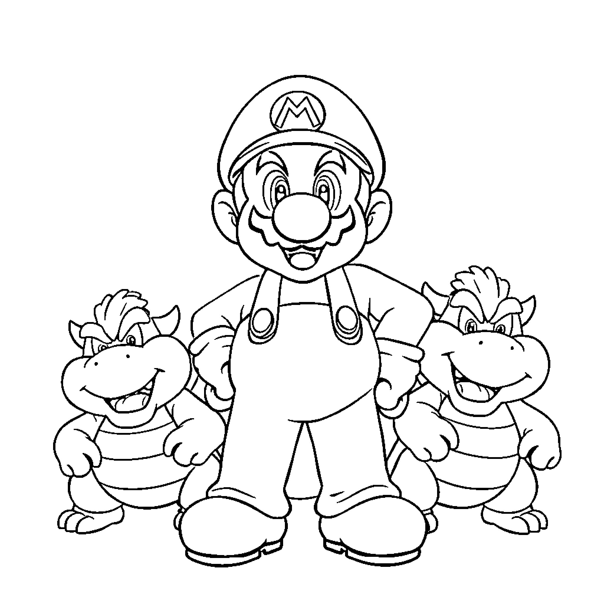 Mario and his mischievous sidekicks on an adventure Coloring Page (free black-and-white line drawing printable PDF for all, from beginners to advanced learners, including children, teens, adults, and seniors)