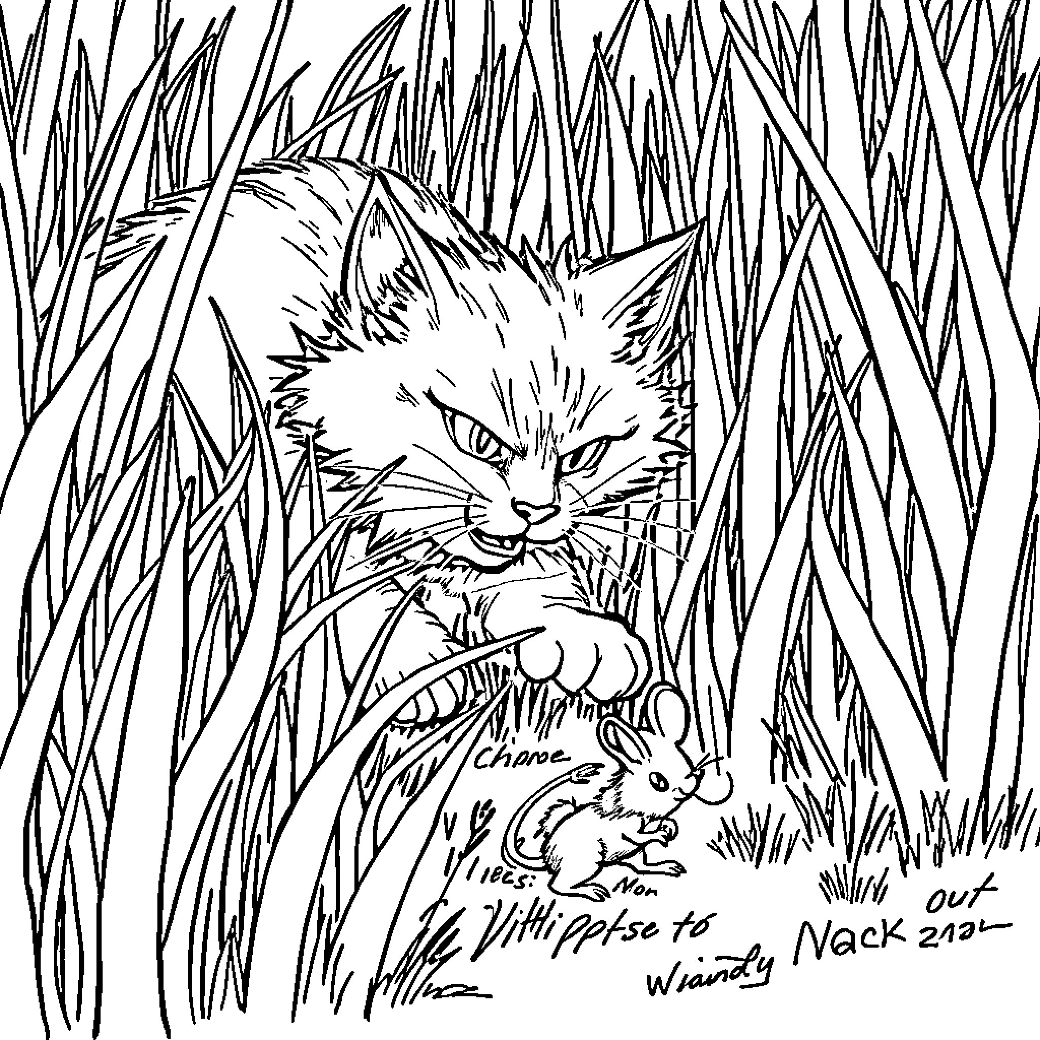 Cat hunting in tall grass Coloring Page (free black-and-white line drawing printable PDF for all, from beginners to advanced learners, including children, teens, adults, and seniors)
