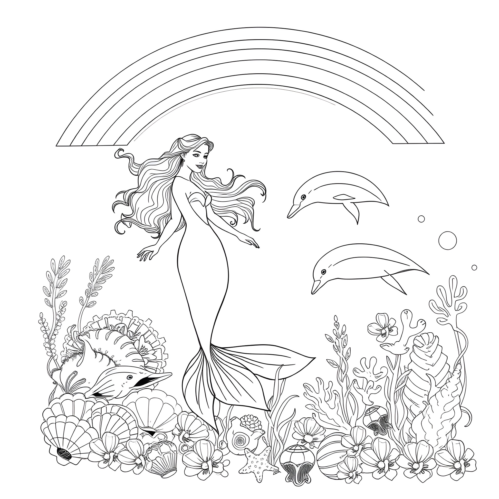 Mermaid surrounded by underwater plants and dolphins Coloring Page (free black-and-white line drawing printable PDF for all, from beginners to advanced learners, including children, teens, adults, and seniors)