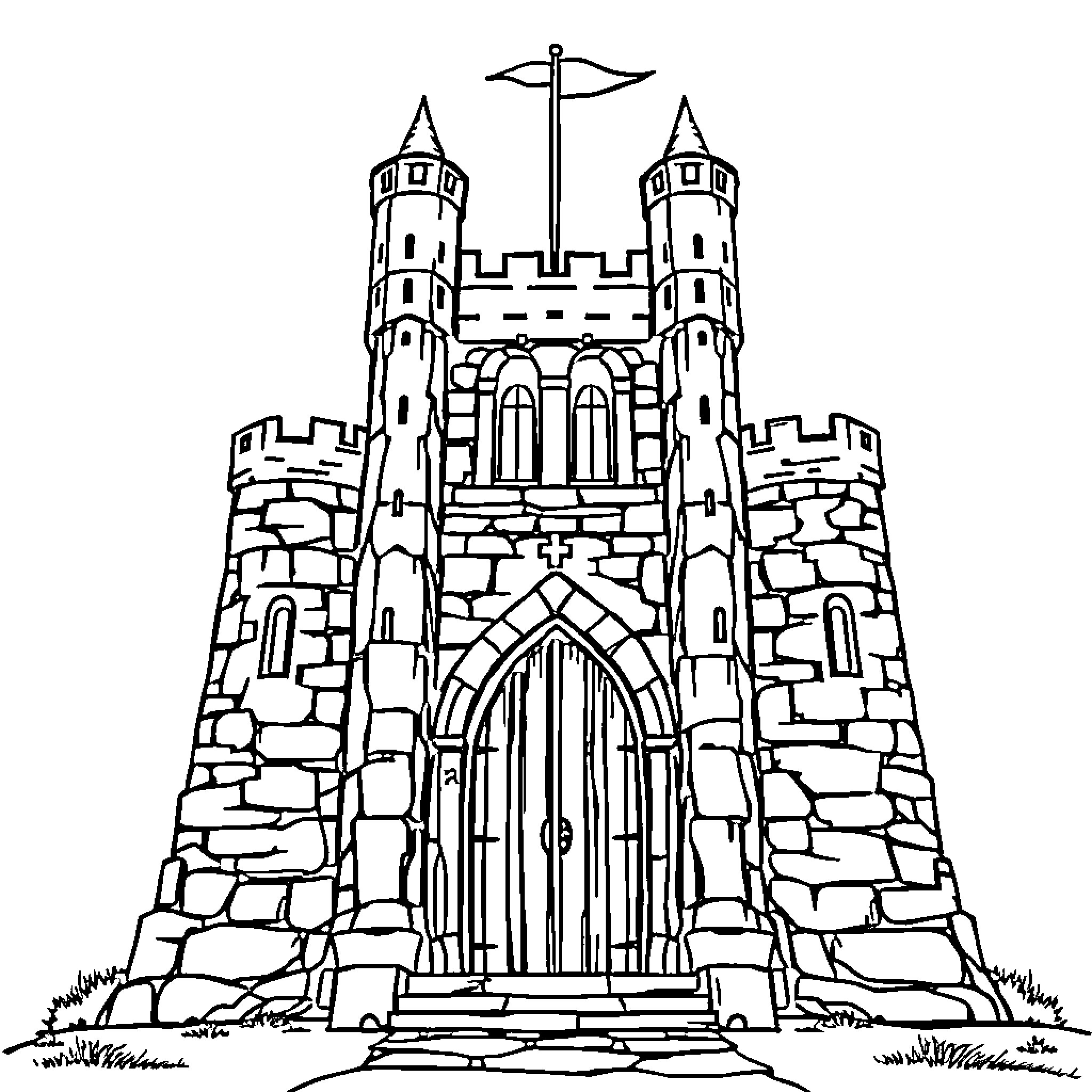 Castle with Majestic Towers and Entrance Coloring Page (free black-and-white line drawing printable PDF for all, from beginners to advanced learners, including children, teens, adults, and seniors)