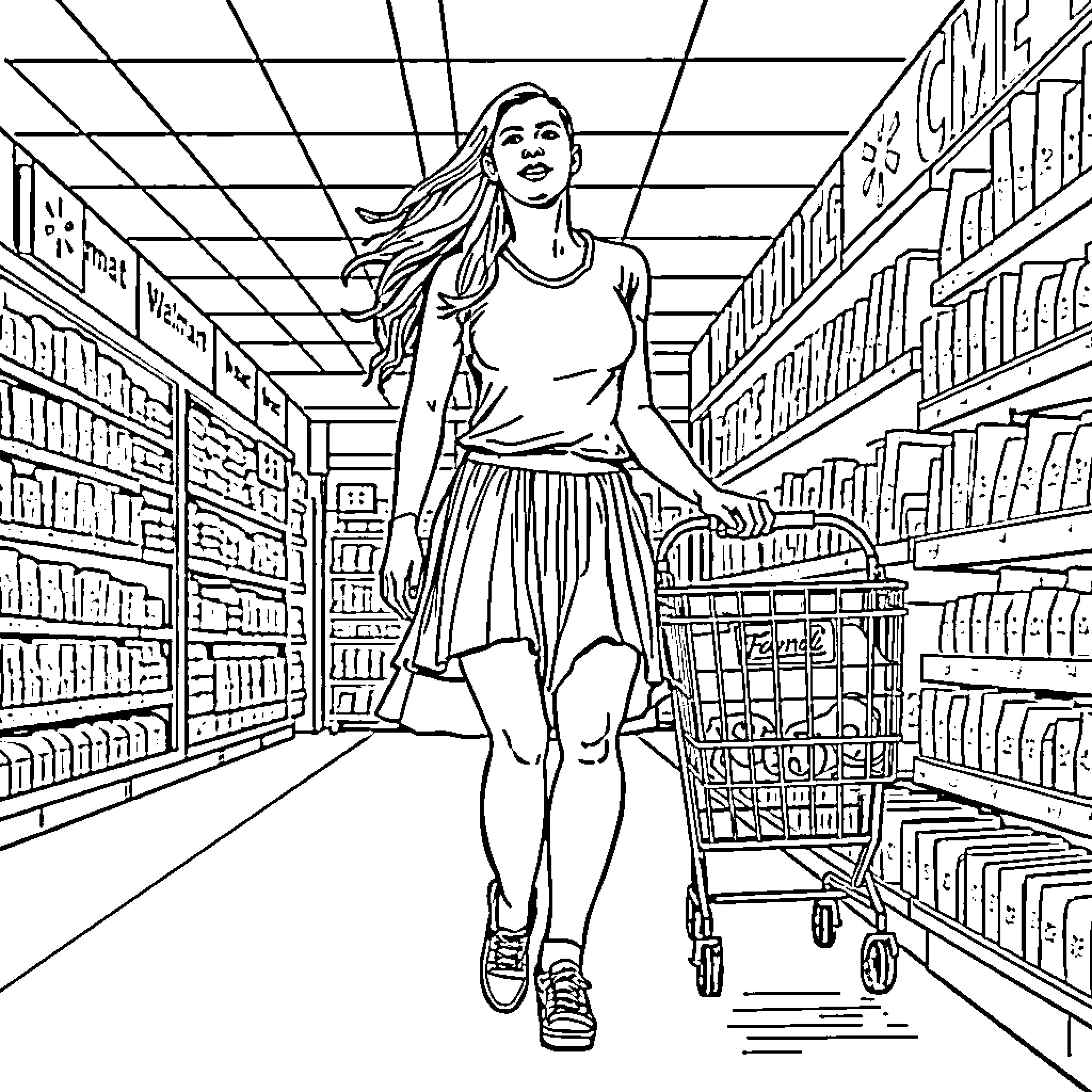 Wayne Rooney grocery shopping in a supermarket Coloring Page (free black-and-white line drawing printable PDF for all, from beginners to advanced learners, including children, teens, adults, and seniors)