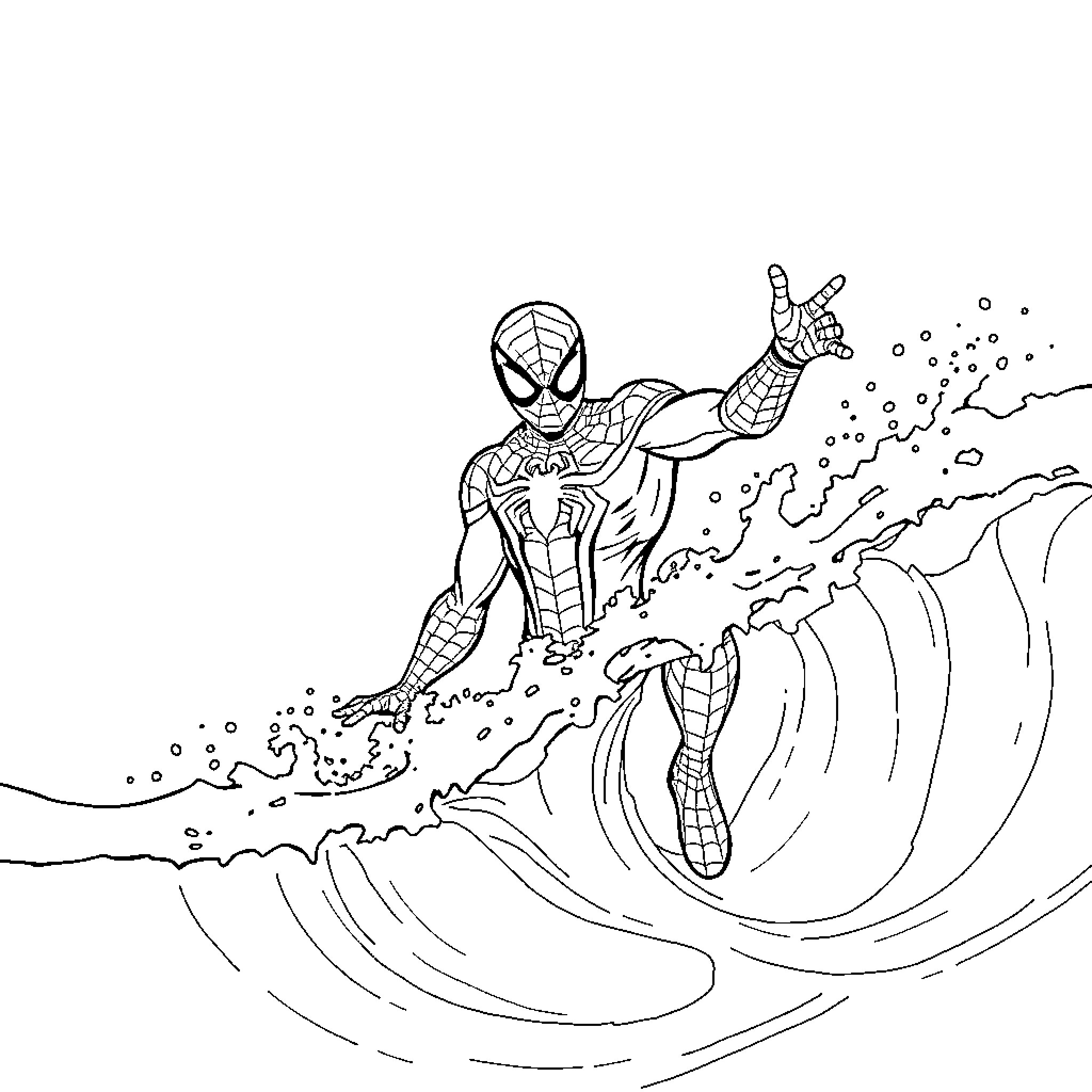 Spiderman Surfing Heroic Waves Coloring Page (free black-and-white line drawing printable PDF for all, from beginners to advanced learners, including children, teens, adults, and seniors)