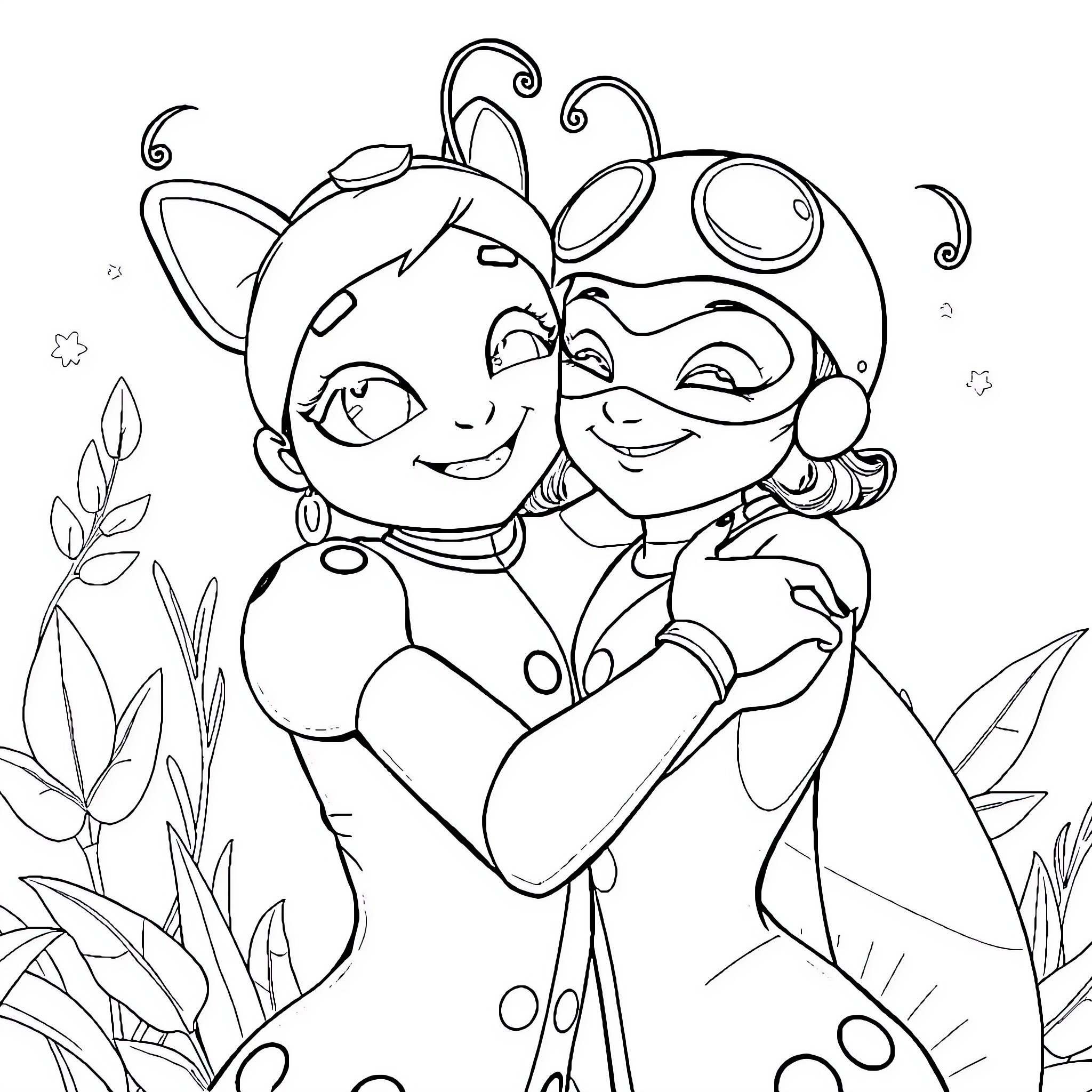 Ladybug friends playing in the garden Coloring Page (free black-and-white line drawing printable PDF for all, from beginners to advanced learners, including children, teens, adults, and seniors)